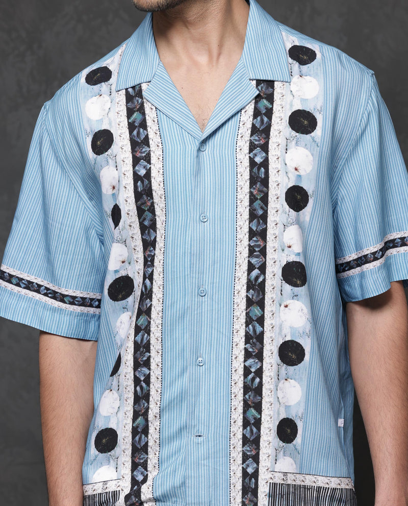 Rare Rabbit Mens Bortan Light Blue Boxy Fit Short Sleeve Placement Print Cuban Collar Shirt