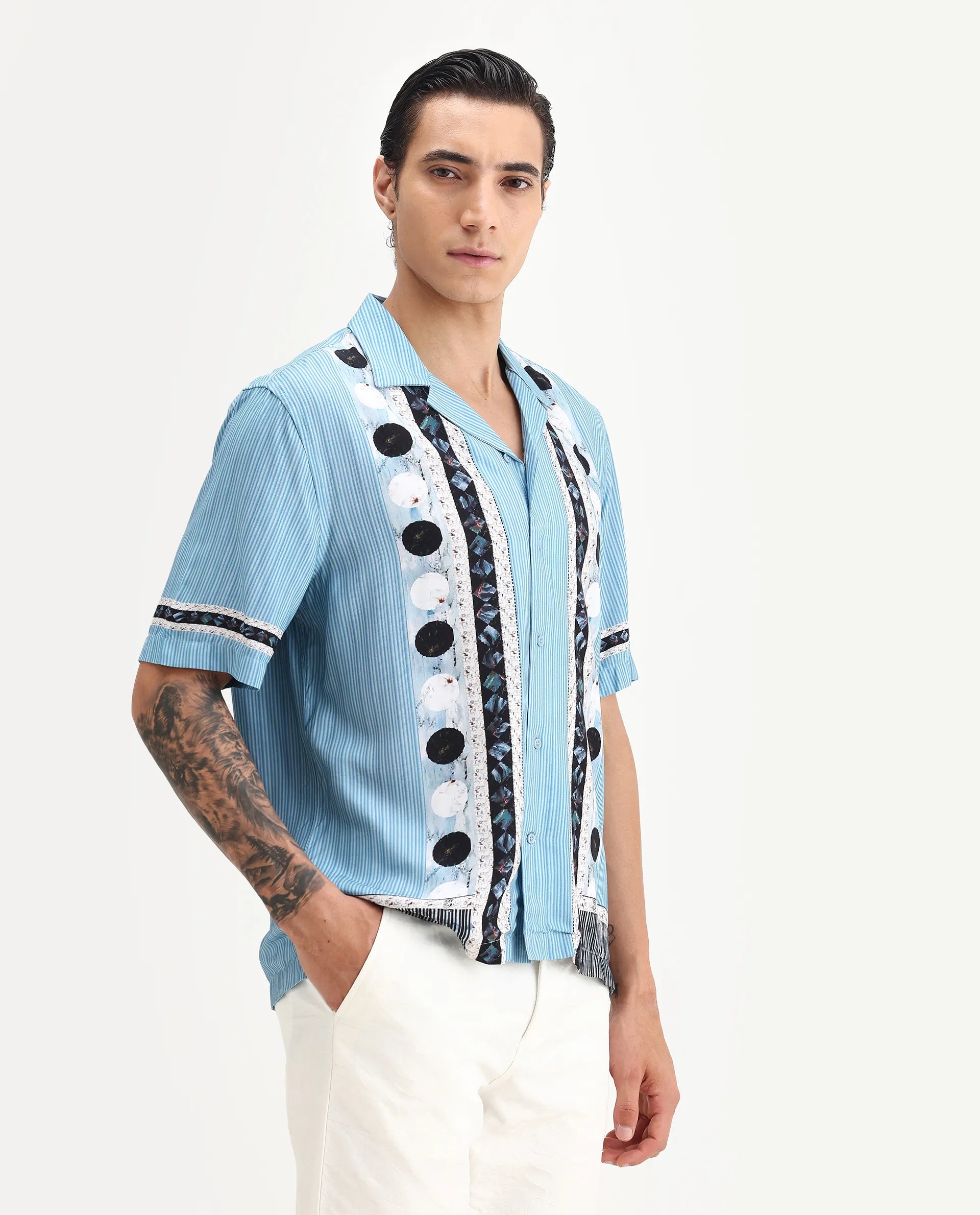 Rare Rabbit Men's Bortan Light Blue Viscose Abstract Print Boxy Fit Half Sleeve Cuban Collar Shirt