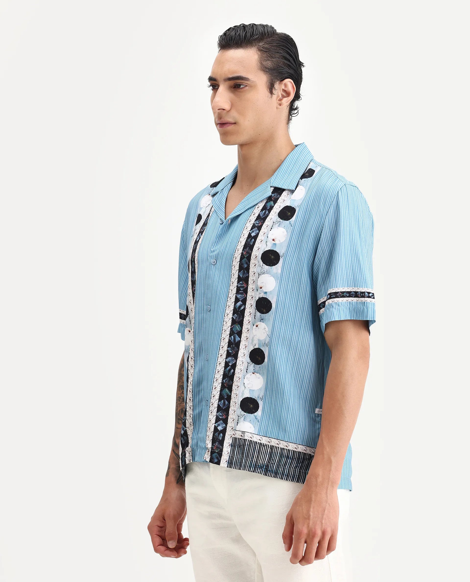 Rare Rabbit Men's Bortan Light Blue Viscose Abstract Print Boxy Fit Half Sleeve Cuban Collar Shirt