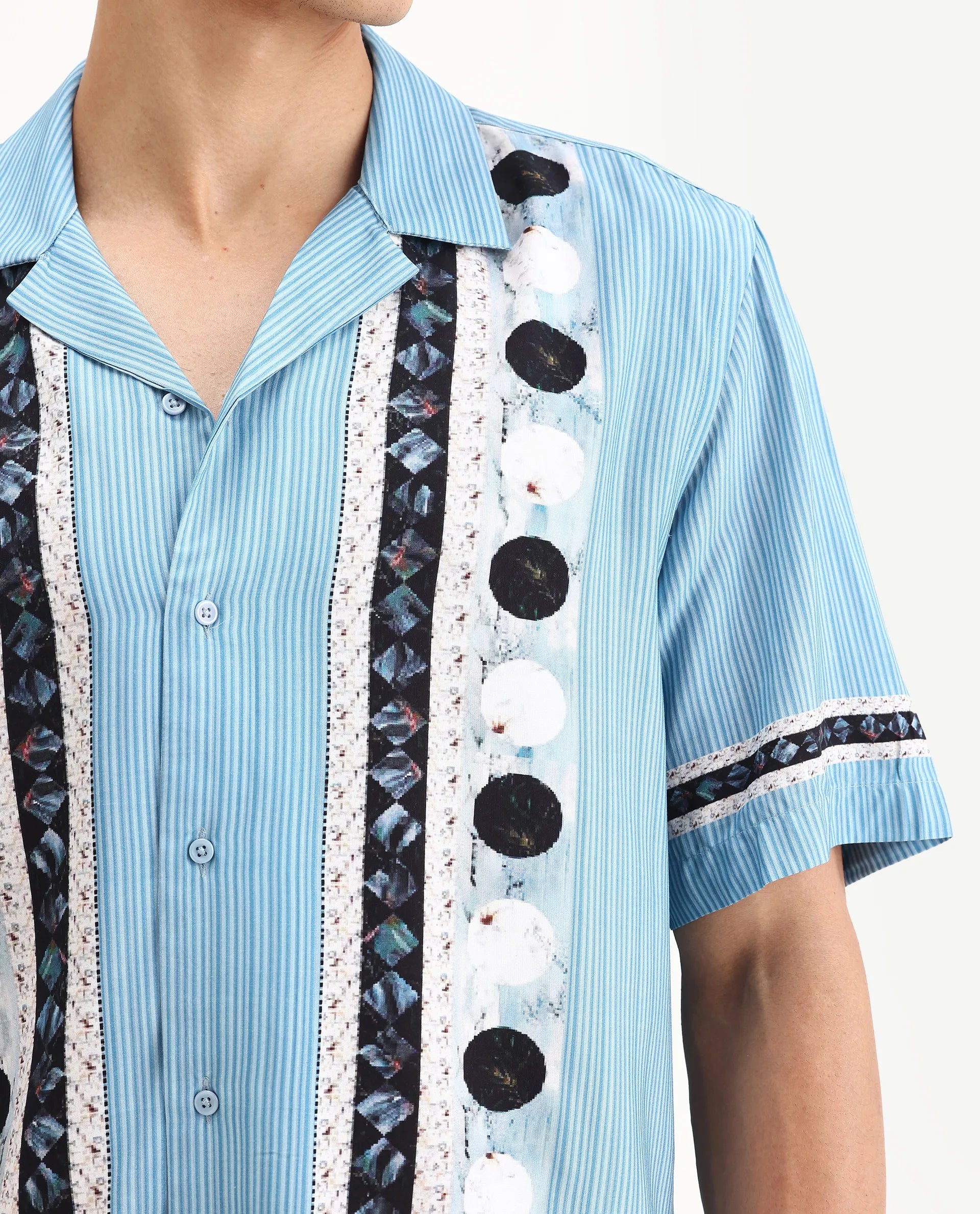 Rare Rabbit Men's Bortan Light Blue Viscose Abstract Print Boxy Fit Half Sleeve Cuban Collar Shirt