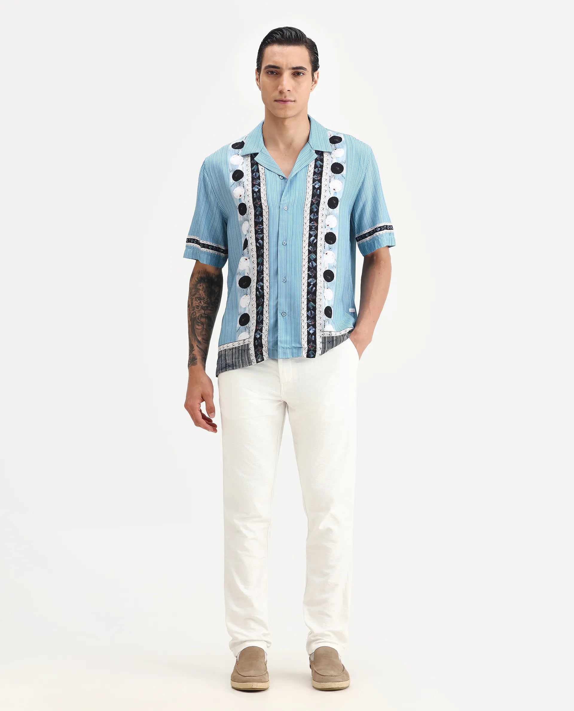 Rare Rabbit Men's Bortan Light Blue Viscose Abstract Print Boxy Fit Half Sleeve Cuban Collar Shirt