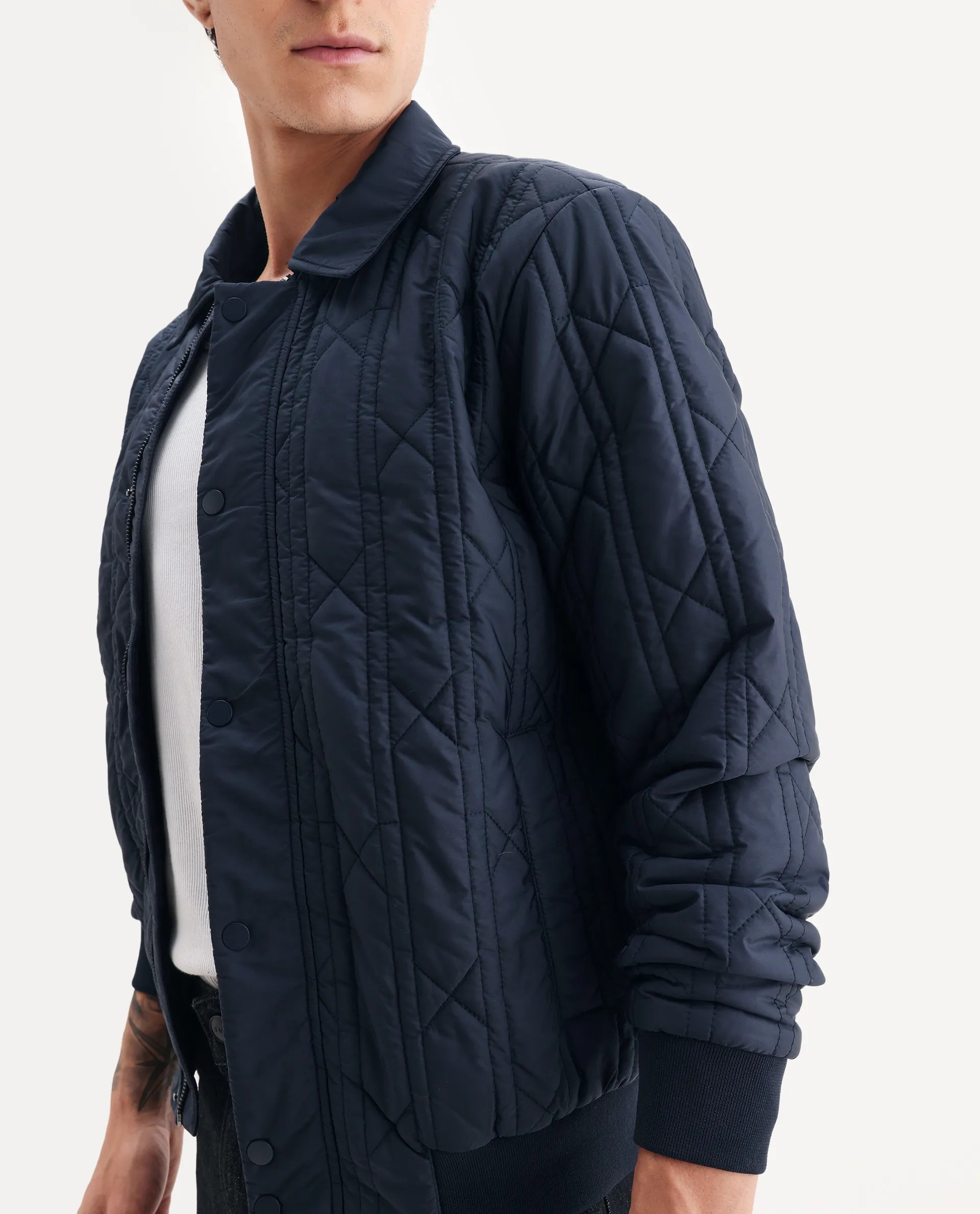 Rare Rabbit Men's Boscod Dark Navy Polyester Fabric Collared Neck Relaxed Geometric Print Jacket