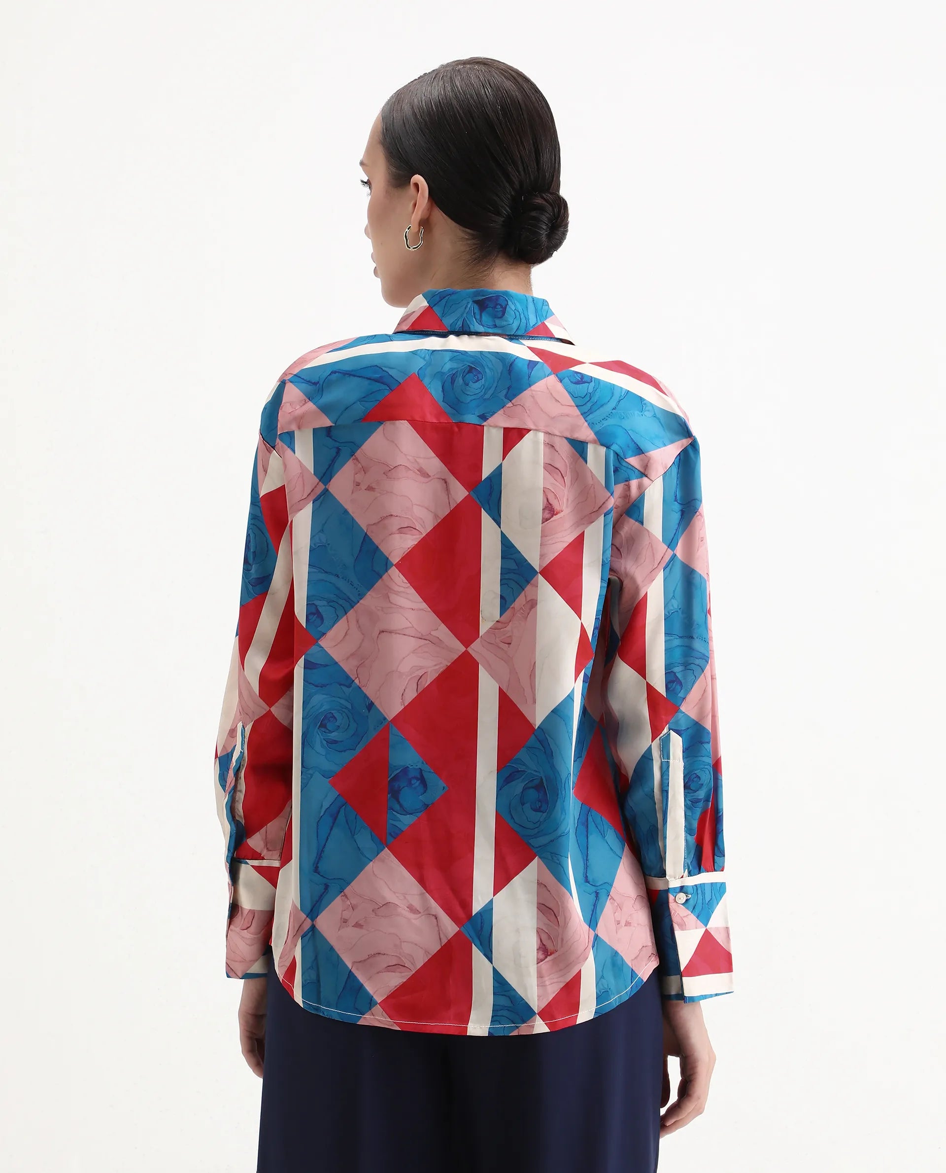 Rareism Women's Bosin Multi Cotton Drop Collar Geometric Print Cuffed Sleeve Regular Fit Top