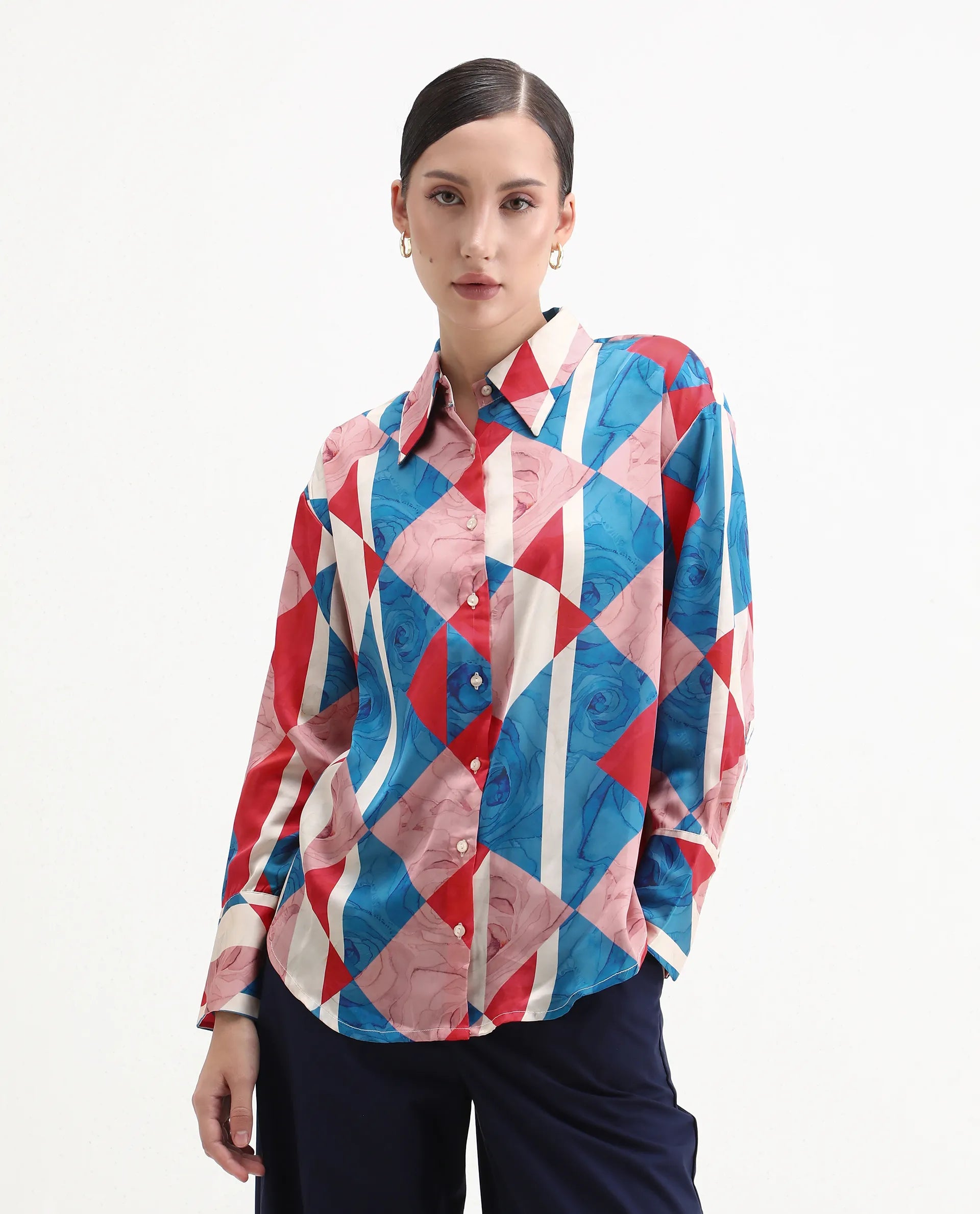 Rareism Women's Bosin Multi Cotton Drop Collar Geometric Print Cuffed Sleeve Regular Fit Top