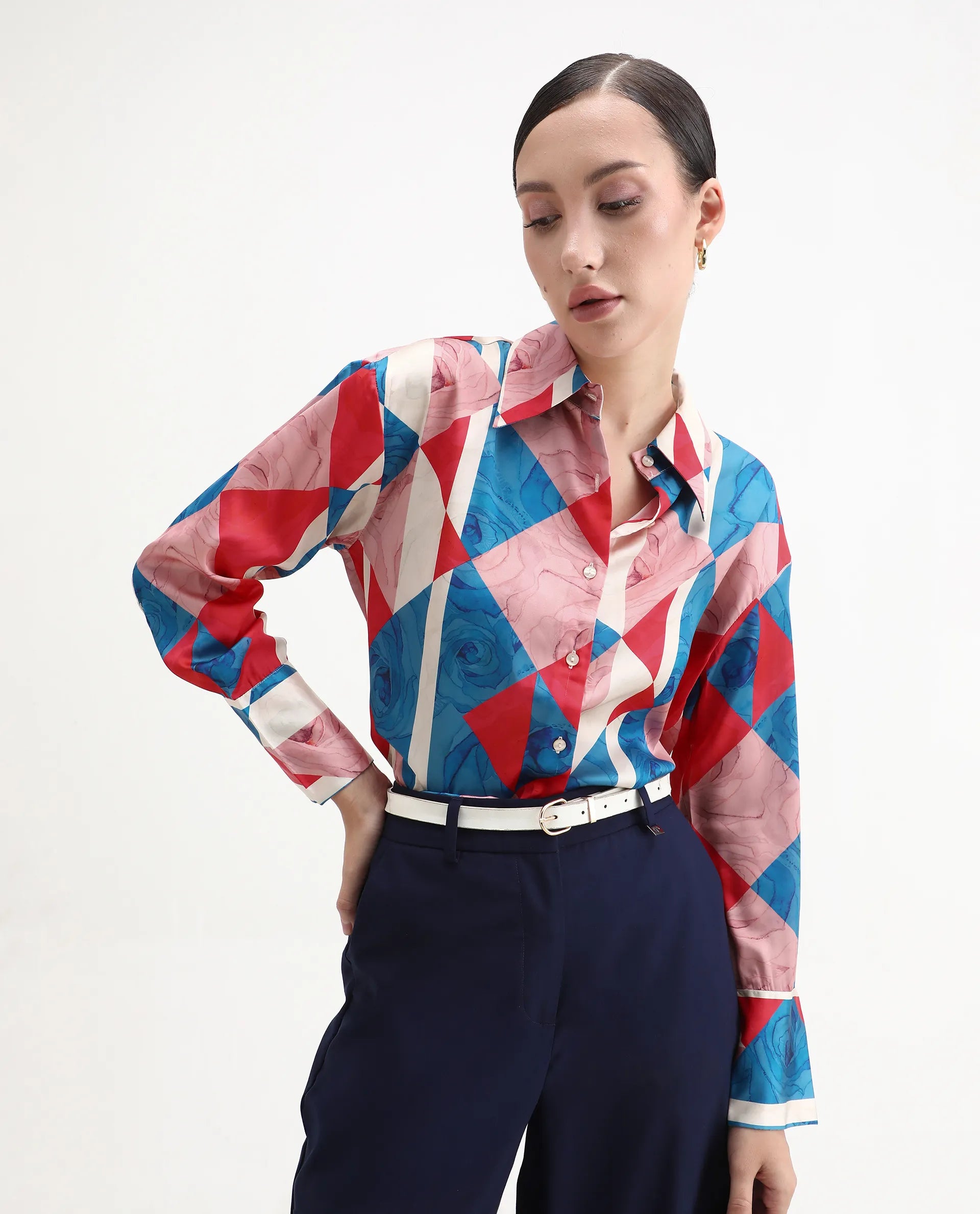 Rareism Women's Bosin Multi Cotton Drop Collar Geometric Print Cuffed Sleeve Regular Fit Top