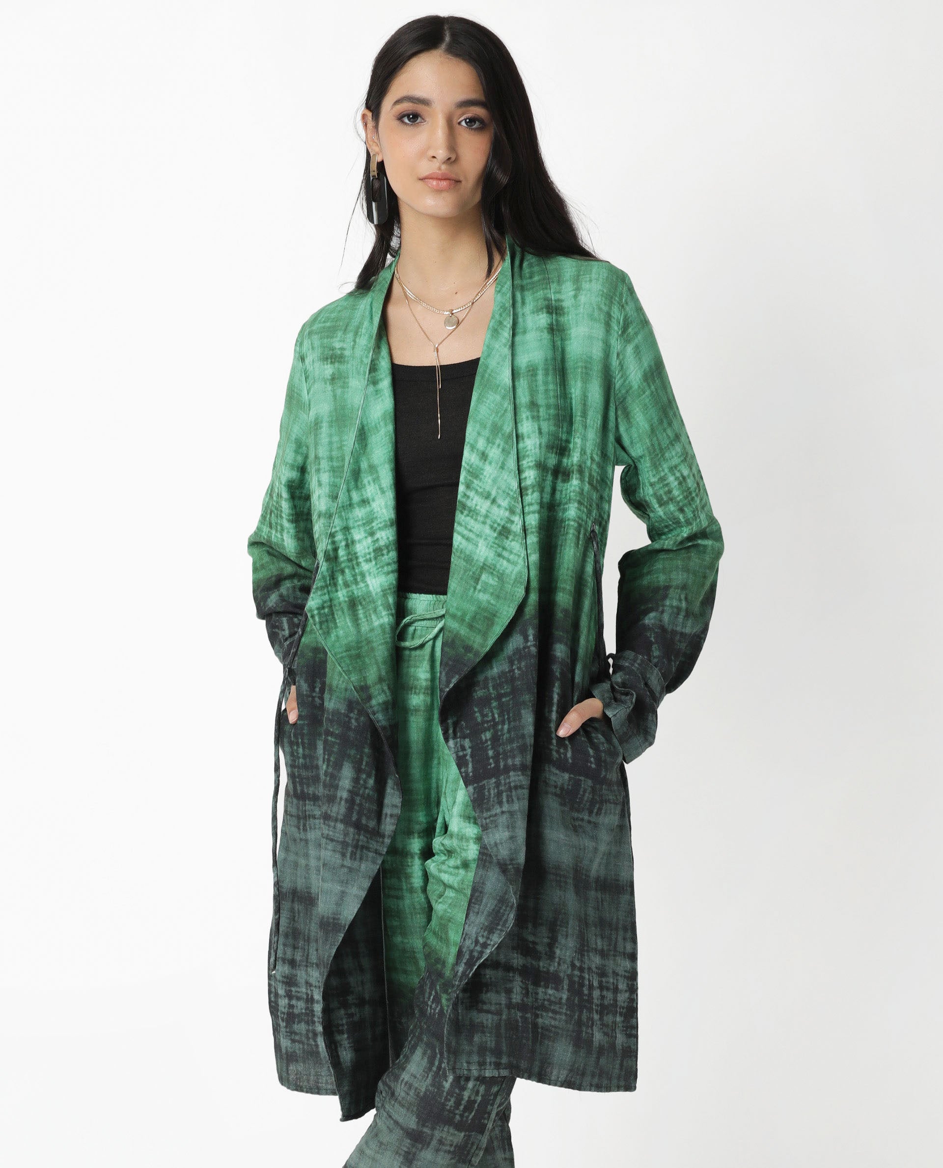 Rareism Women Boss Green Cotton Fabric Regular Fit Knee Length Abstract Print Collarless Outer Wear