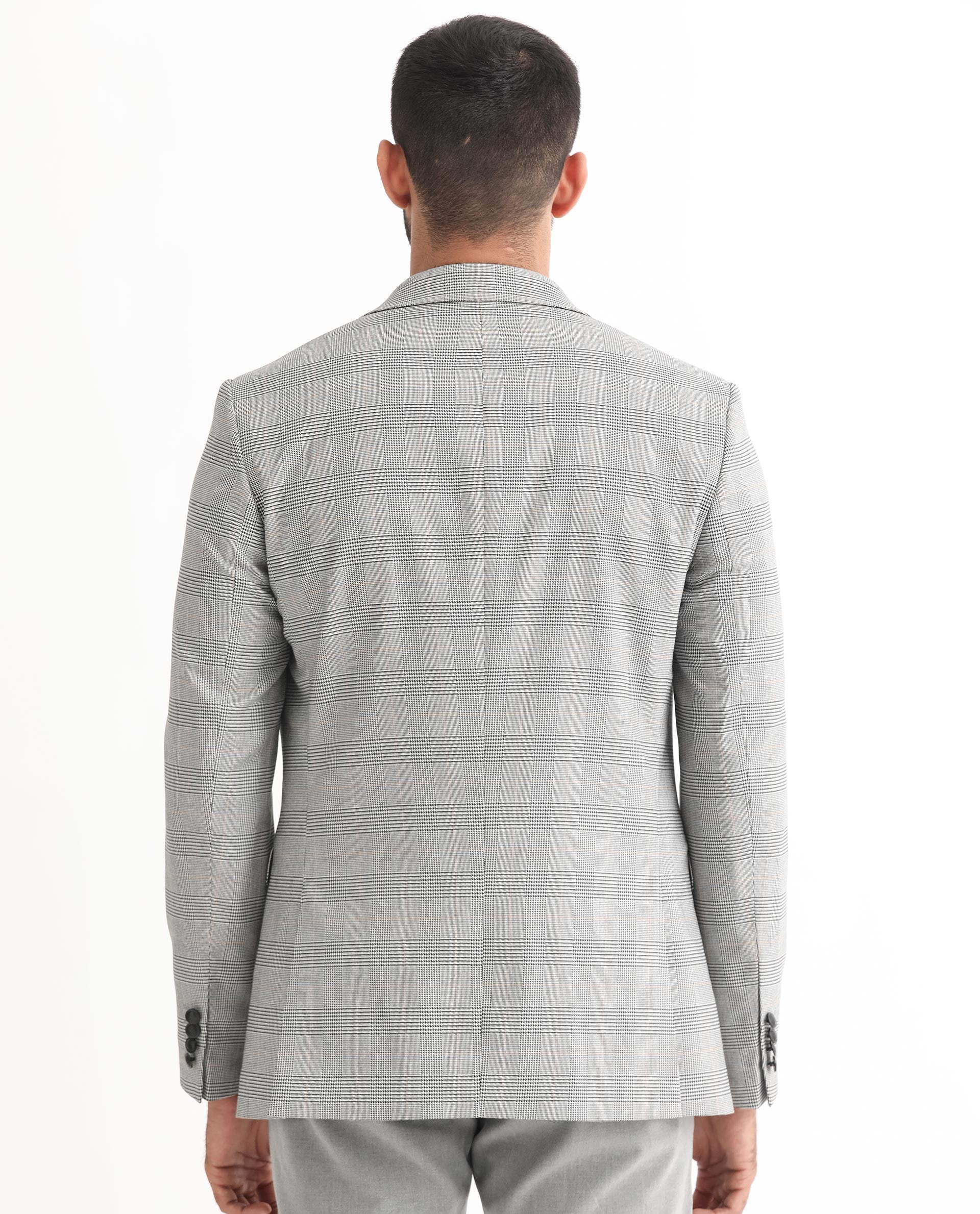 Rare Rabbit Men's Bostic Light Grey Polyester Viscose Fabric Peak Lapel Single Breasted Tailored Fit Houndstooth Check Blazer