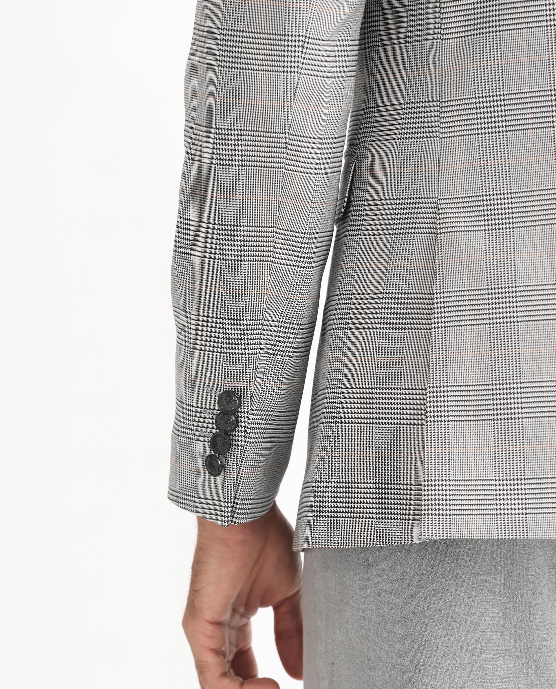 Rare Rabbit Men's Bostic Light Grey Polyester Checked Print Tailored Fit Full Sleeve Lapel Neck Blazer