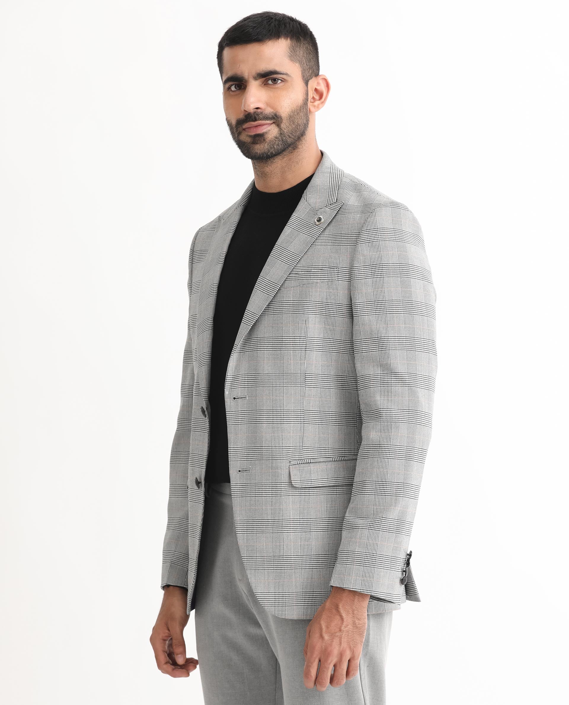 Rare Rabbit Men's Bostic Light Grey Polyester Viscose Fabric Peak Lapel Single Breasted Tailored Fit Houndstooth Check Blazer