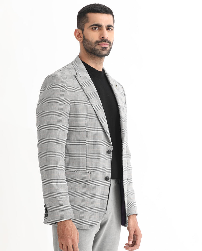 Rare Rabbit Men's Bostic Light Grey Polyester Viscose Fabric Peak Lapel Single Breasted Tailored Fit Houndstooth Check Blazer