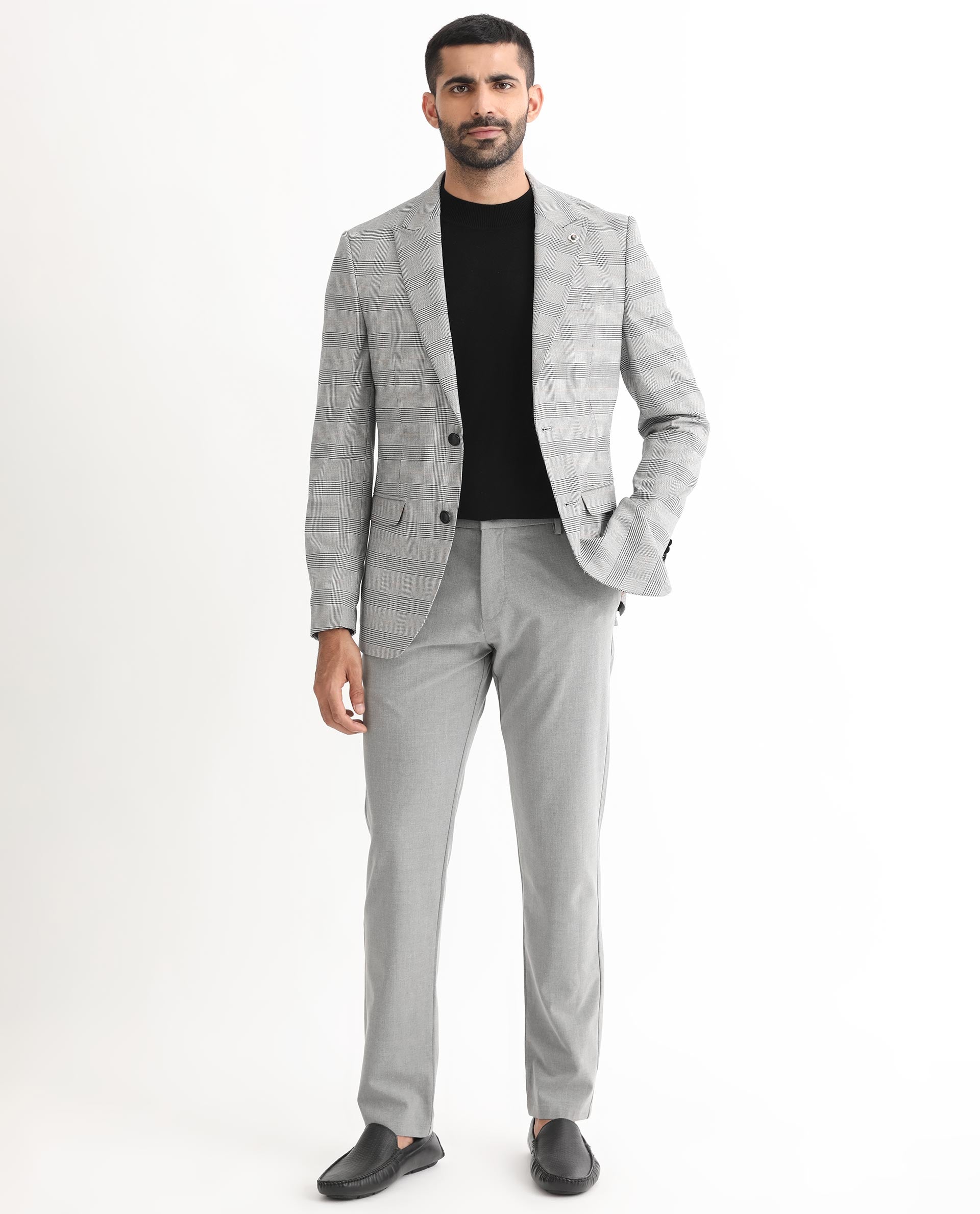 Rare Rabbit Men's Bostic Light Grey Polyester Viscose Fabric Peak Lapel Single Breasted Tailored Fit Houndstooth Check Blazer