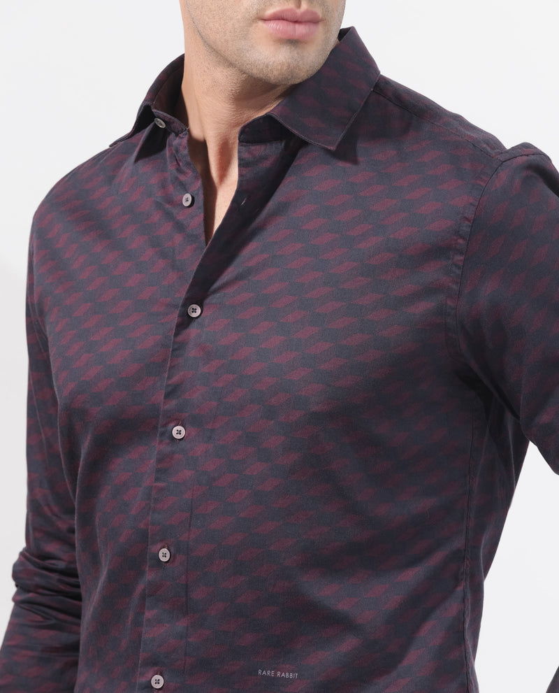 Rare Rabbit Men's Botcheyy Maroon Modal Fabric Geometric Print Full Sleeves Shirt