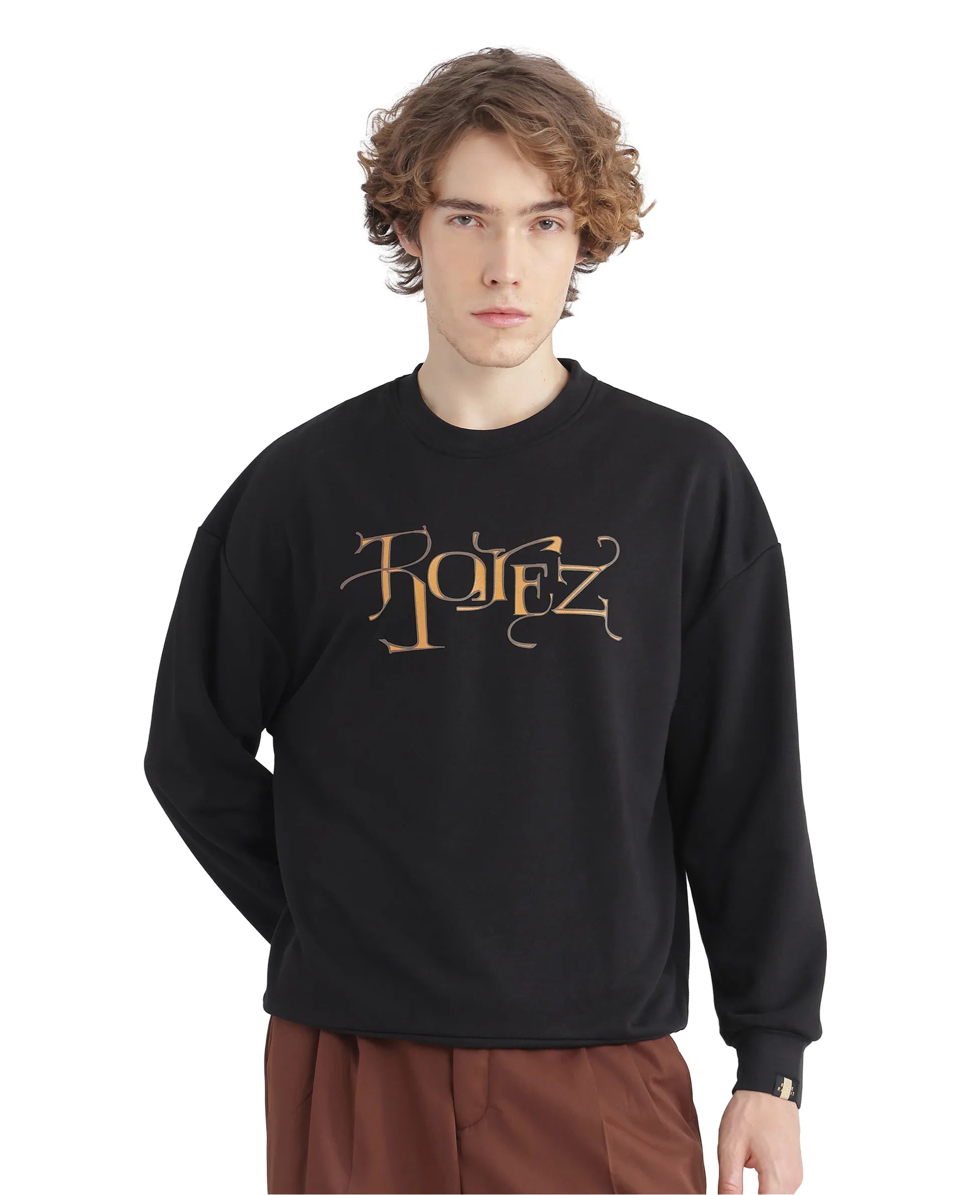 Rare Rabbit Men's Bott Dark Grey Cotton Blend Fabric Full Sleeve Crew Neck Boxy Fit Printed Sweatshirt