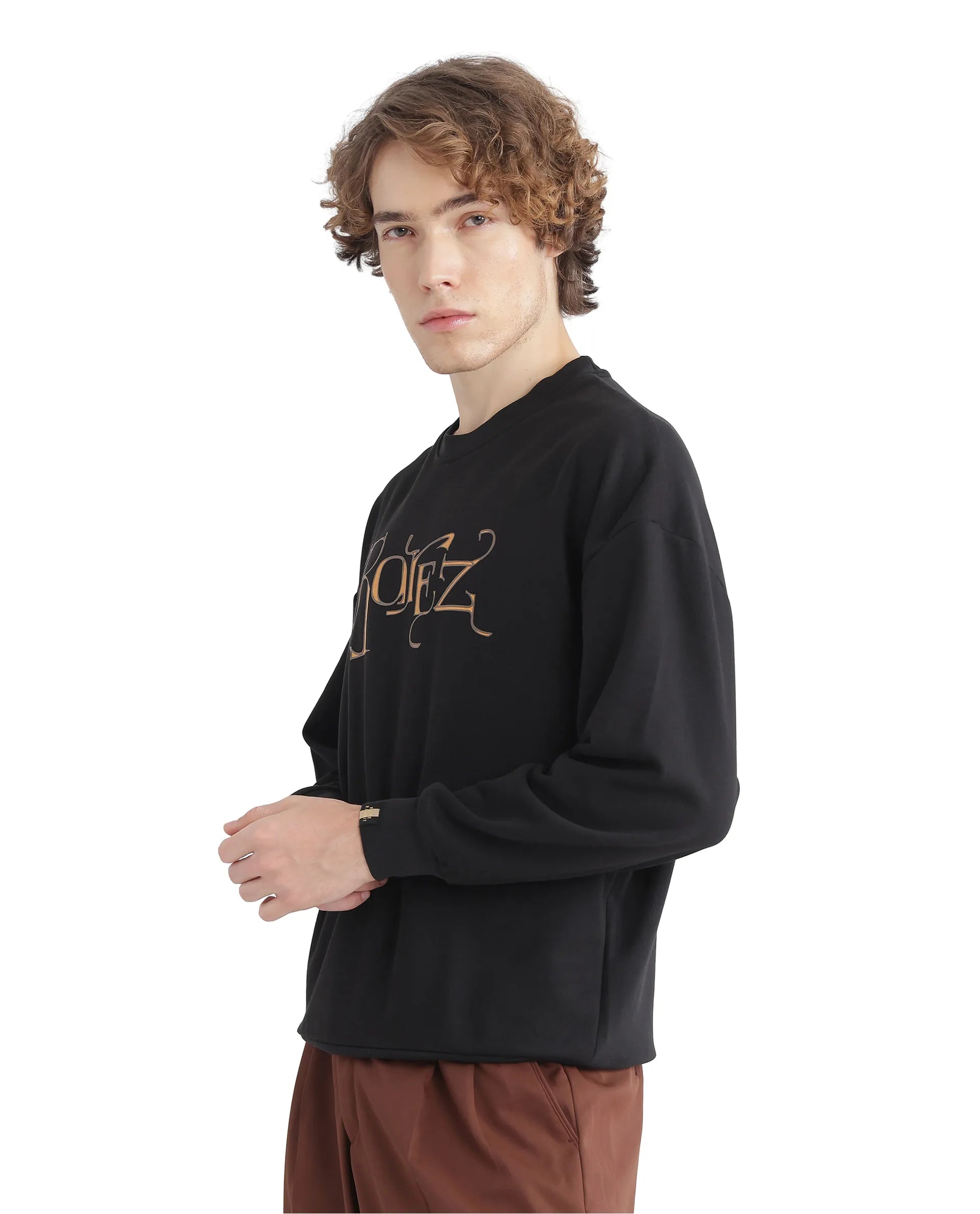 Rare Rabbit Men's Bott Dark Grey Cotton Blend Fabric Full Sleeve Crew Neck Boxy Fit Printed Sweatshirt