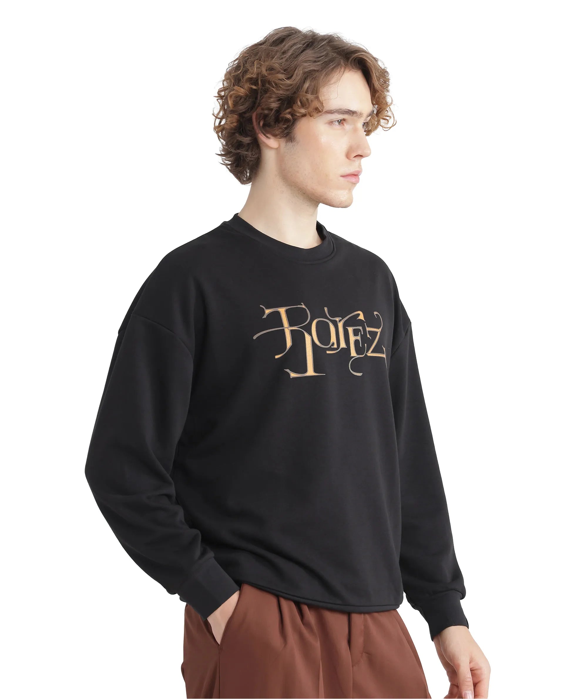 Rare Rabbit Men's Bott Dark Grey Cotton Blend Fabric Full Sleeve Crew Neck Boxy Fit Printed Sweatshirt