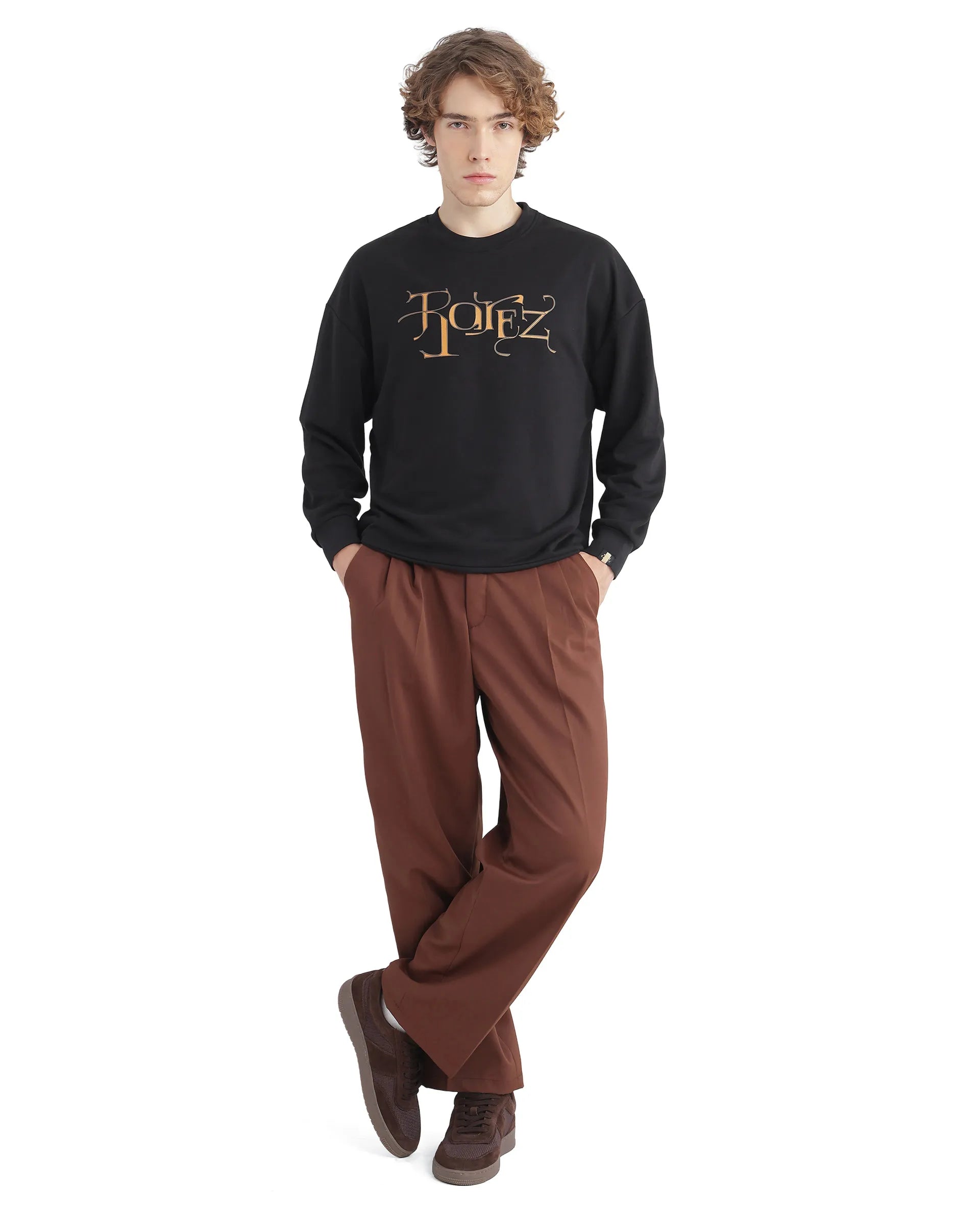 Rare Rabbit Men's Bott Dark Grey Cotton Blend Fabric Full Sleeve Crew Neck Boxy Fit Printed Sweatshirt