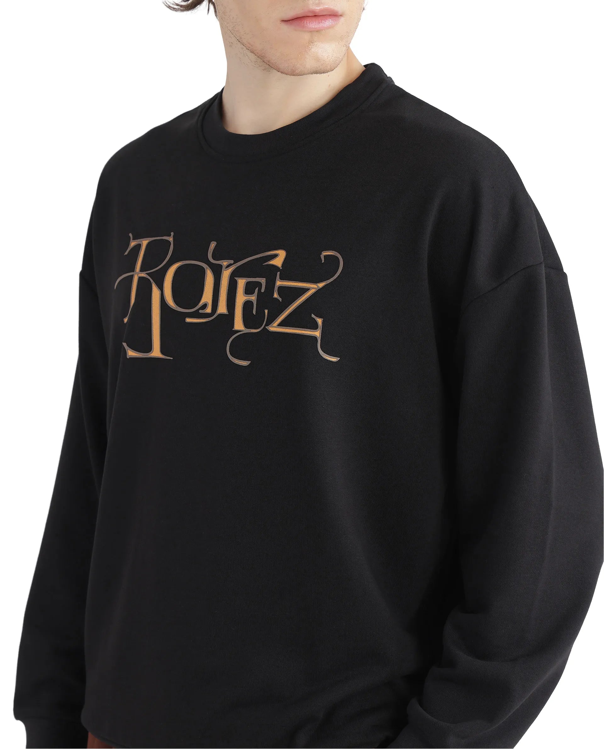 Rare Rabbit Men's Bott Dark Grey Cotton Blend Fabric Full Sleeve Crew Neck Boxy Fit Printed Sweatshirt