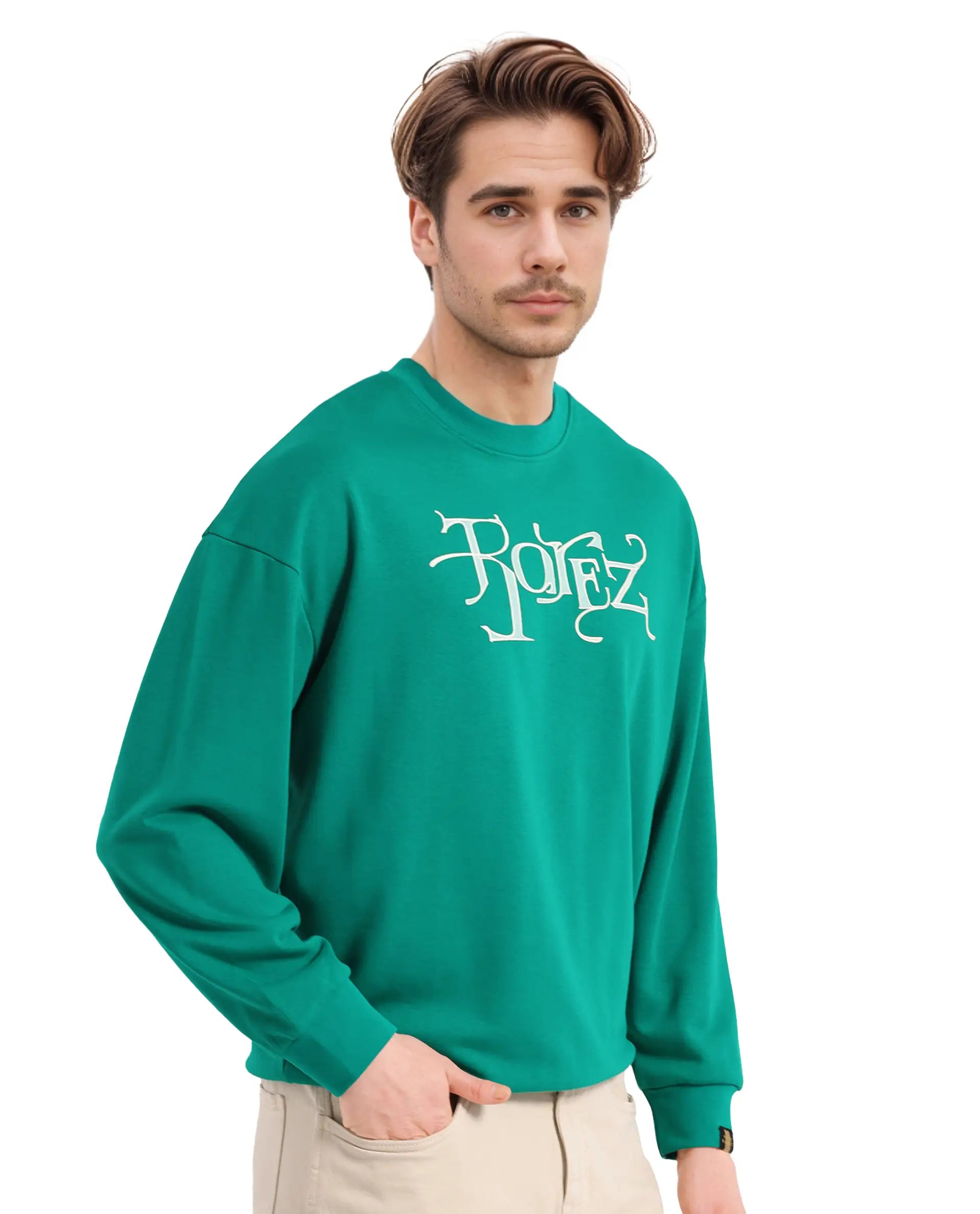 Rare Rabbit Men's Bott Green Cotton Blend Fabric Full Sleeve Crew Neck Boxy Fit Printed Sweatshirt