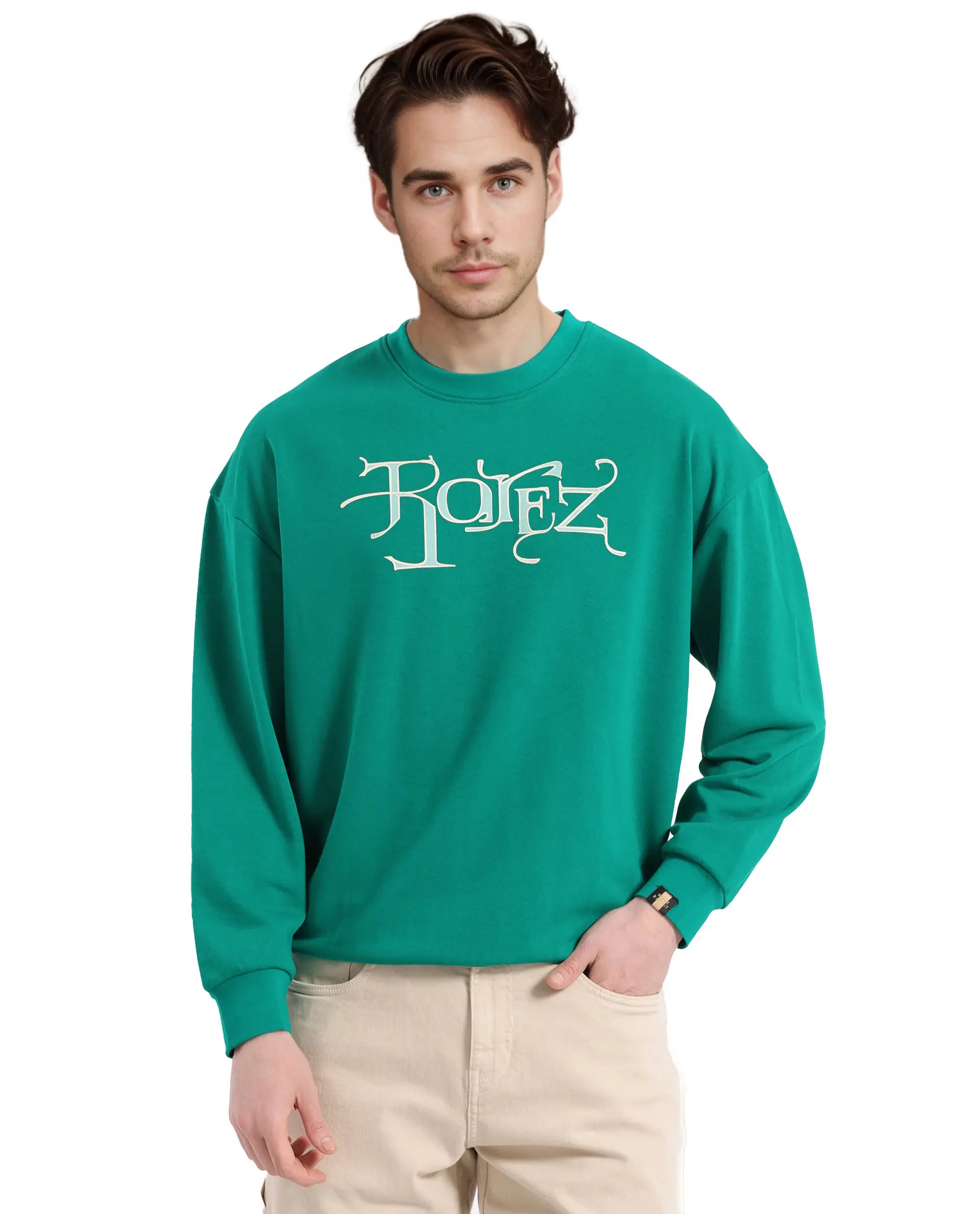 Rare Rabbit Men's Bott Green Cotton Blend Fabric Full Sleeve Crew Neck Boxy Fit Printed Sweatshirt