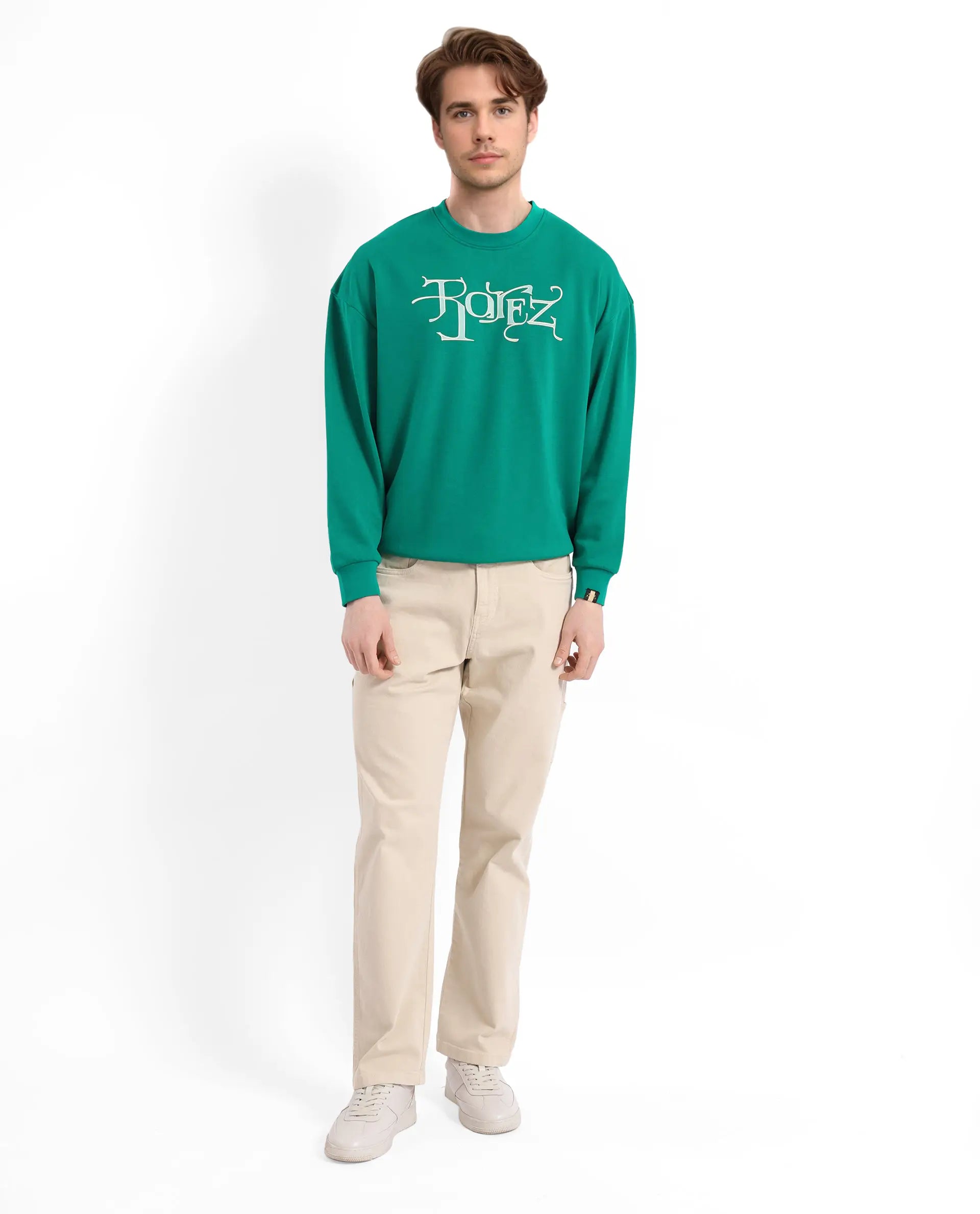 Rare Rabbit Men's Bott Green Cotton Blend Fabric Full Sleeve Crew Neck Boxy Fit Printed Sweatshirt