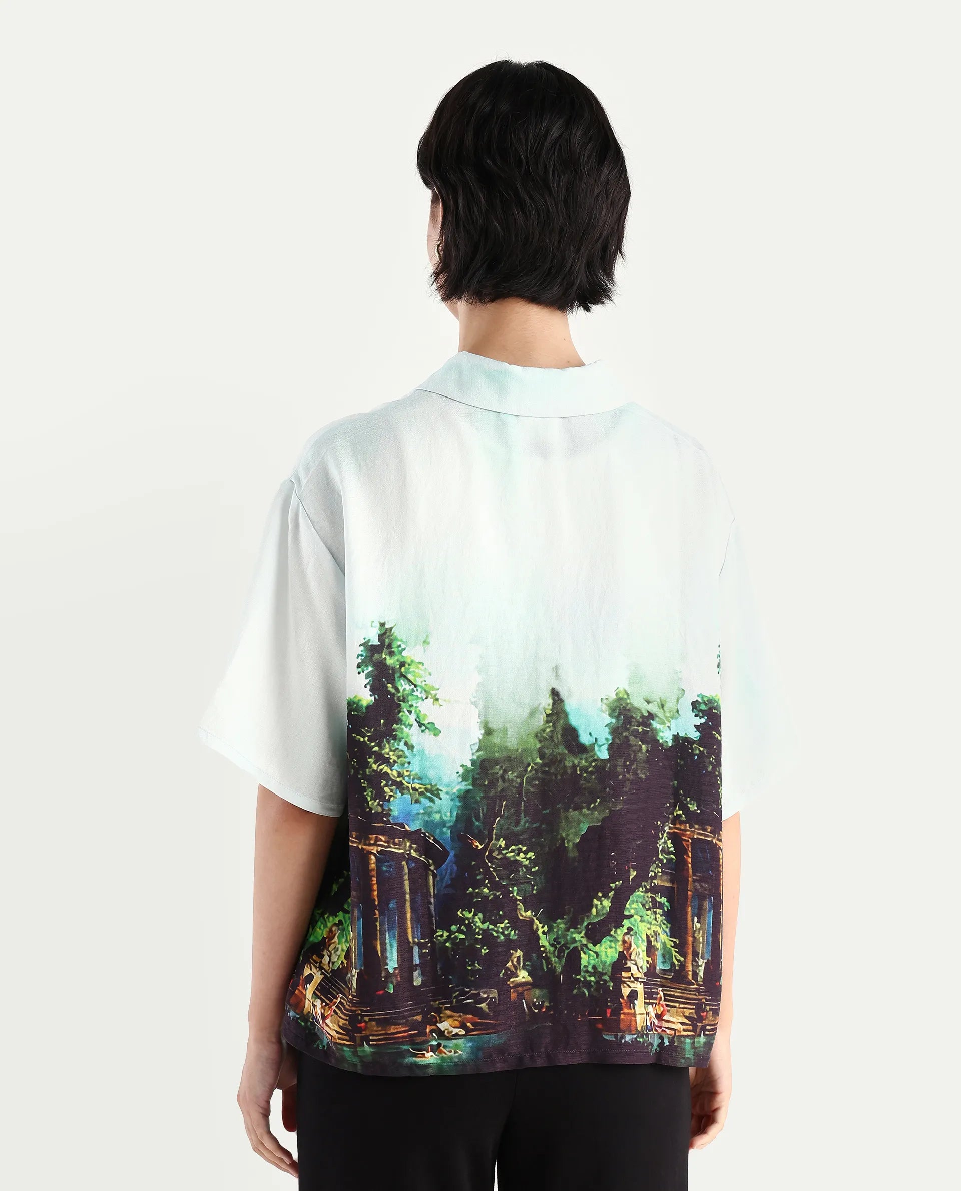 Rareism Women's Boulevard Light Blue Viscose Blend Spread Collar Abstract Print Boxy Fit Top