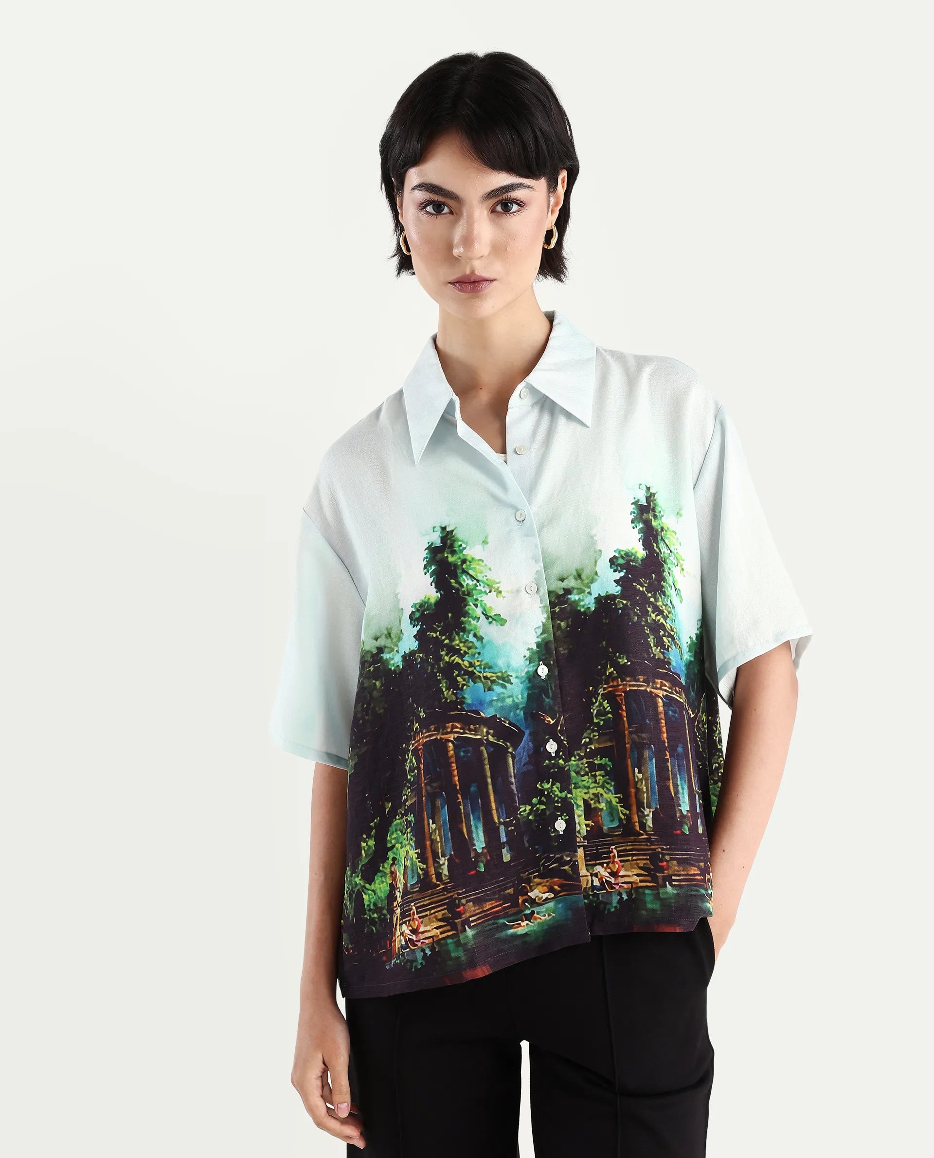 Rareism Women's Boulevard Light Blue Viscose Blend Spread Collar Abstract Print Boxy Fit Top