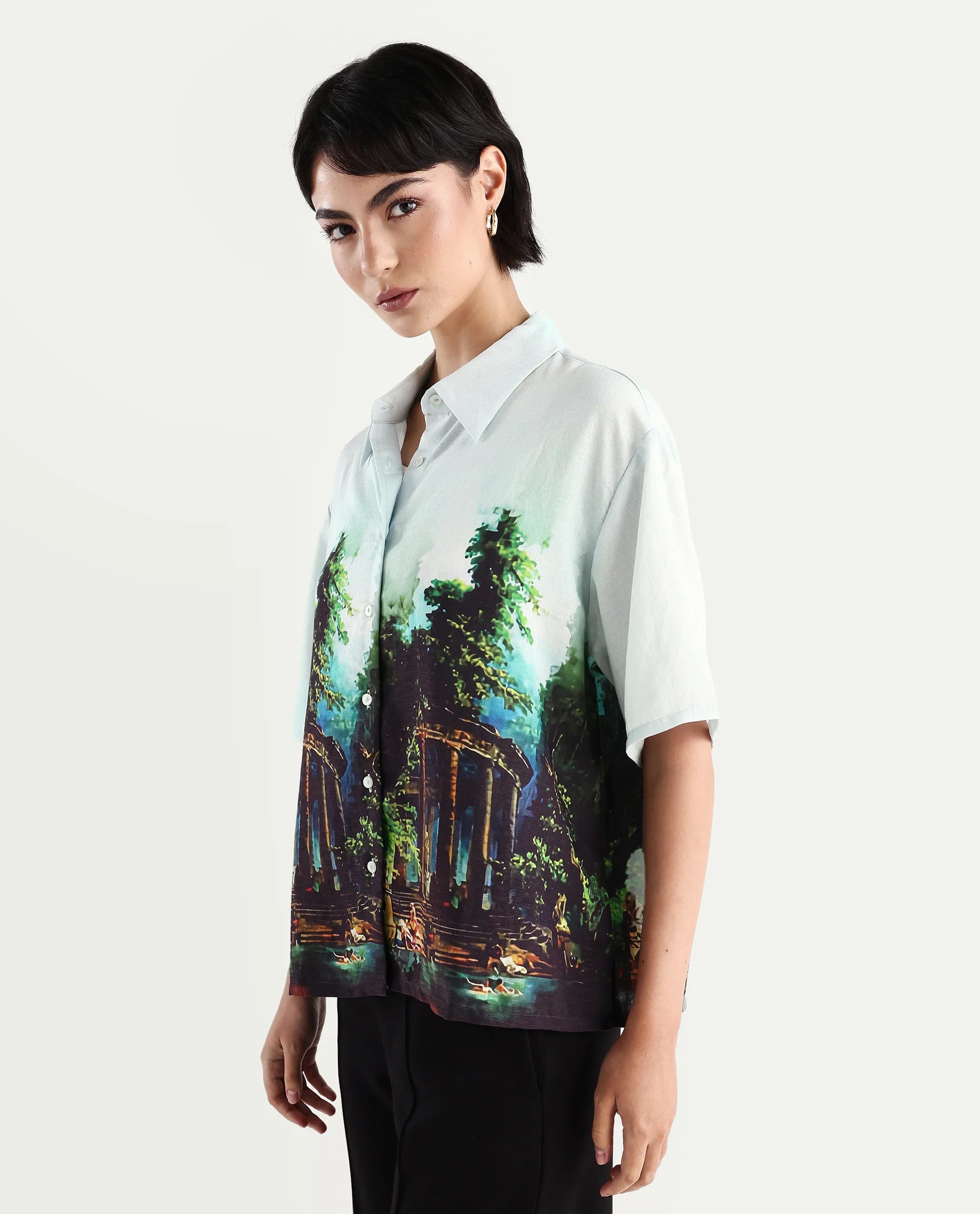 Rareism Women's Boulevard Light Blue Viscose Blend Spread Collar Abstract Print Boxy Fit Top