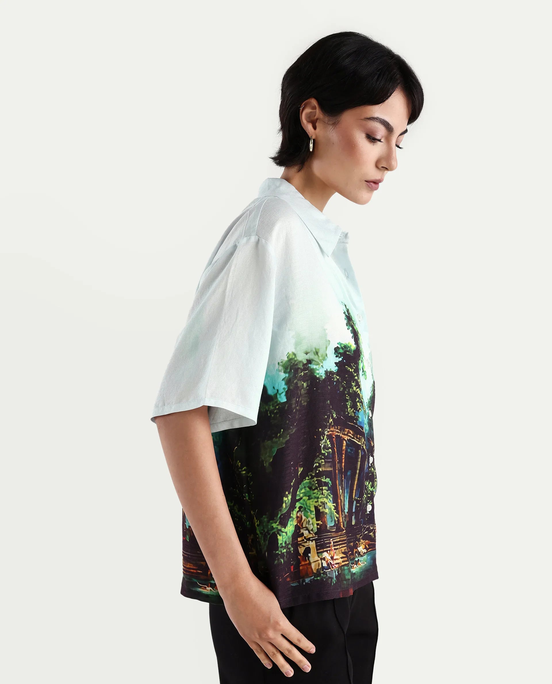 Rareism Women's Boulevard Light Blue Viscose Blend Spread Collar Abstract Print Boxy Fit Top