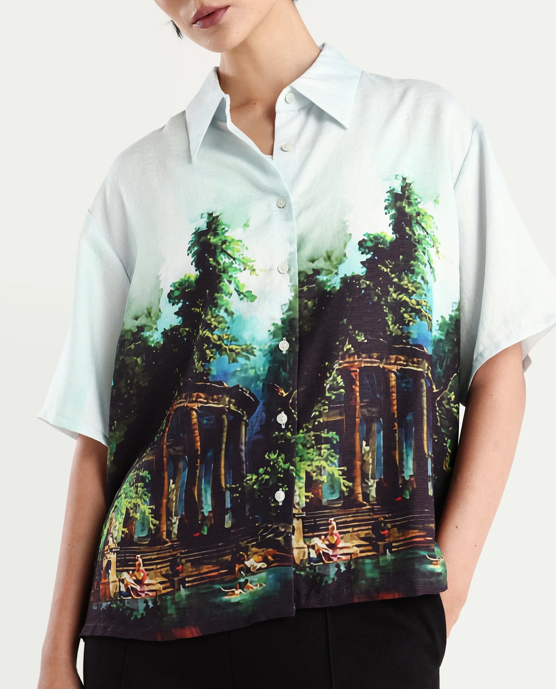 Rareism Women's Boulevard Light Blue Viscose Blend Spread Collar Abstract Print Boxy Fit Top