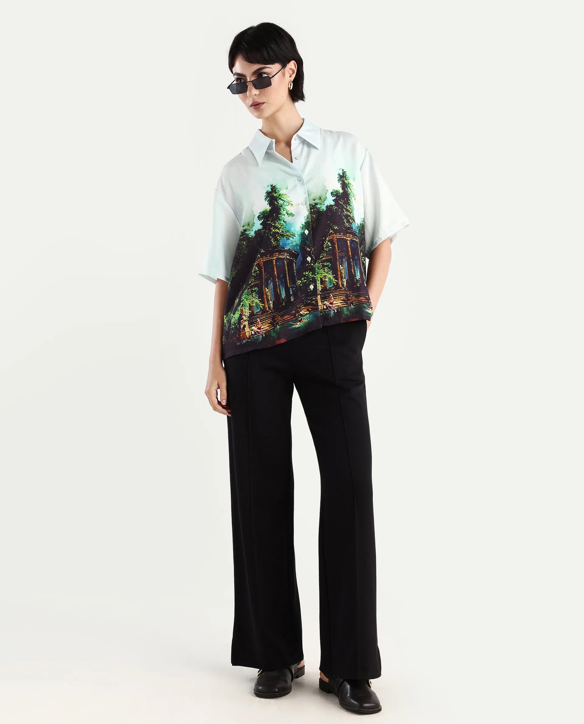 Rareism Women's Boulevard Light Blue Viscose Blend Spread Collar Abstract Print Boxy Fit Top