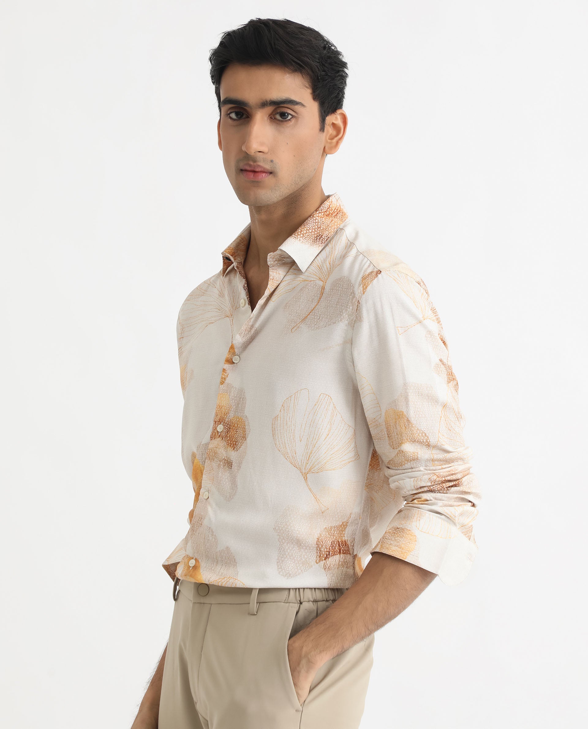 Rare Rabbit Men's Bourbon Beige Viscose Fabric Floral Print Full Sleeves Shirt