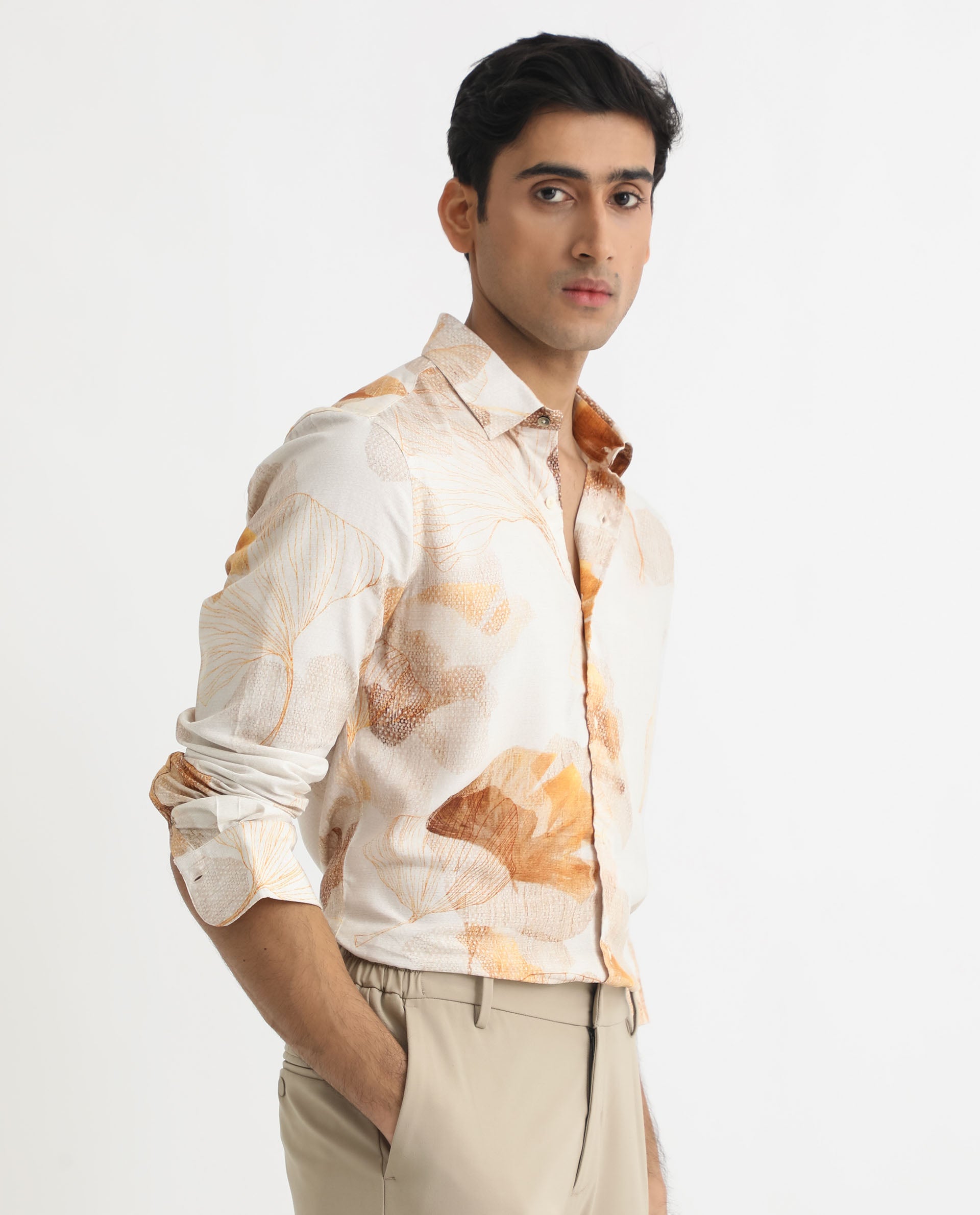 Rare Rabbit Men's Bourbon Beige Viscose Fabric Floral Print Full Sleeves Shirt