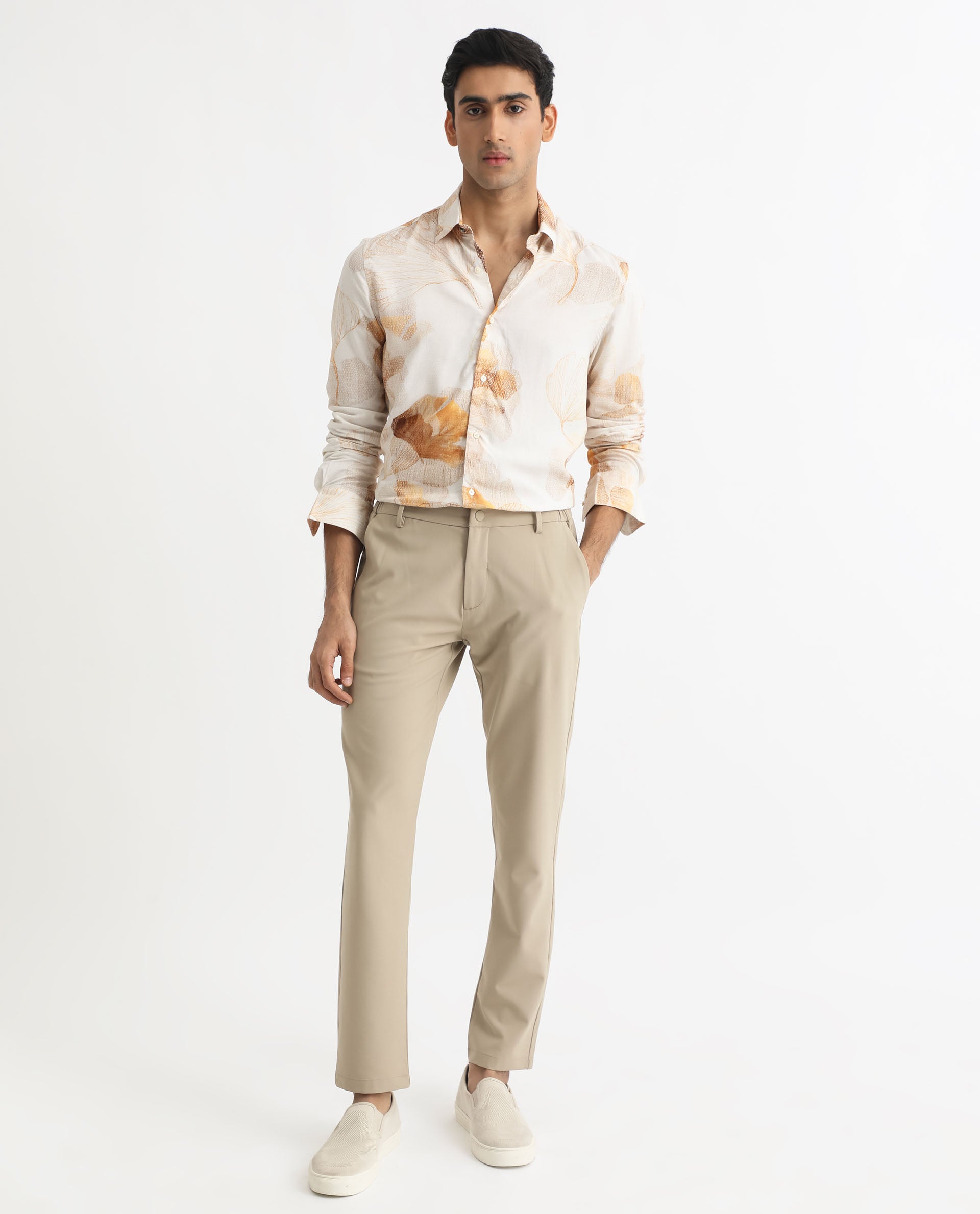 Rare Rabbit Men's Bourbon Beige Viscose Fabric Floral Print Full Sleeves Shirt