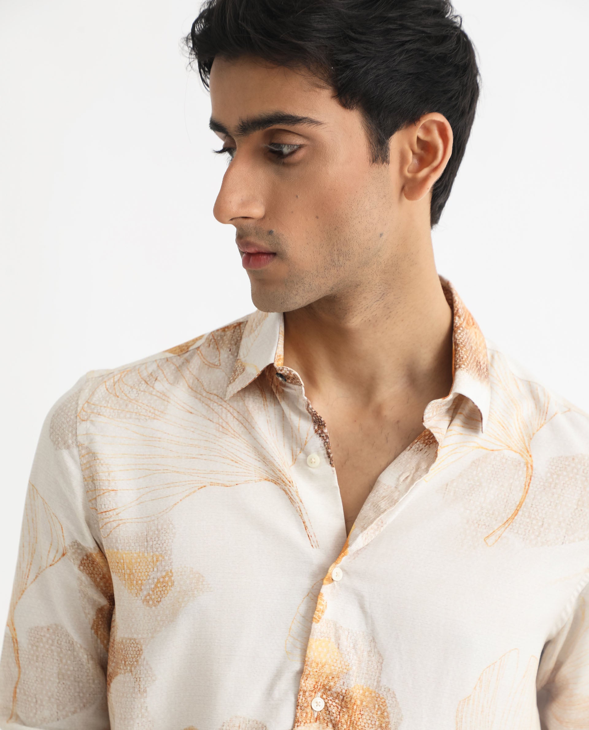 Rare Rabbit Men's Bourbon Beige Viscose Fabric Floral Print Full Sleeves Shirt