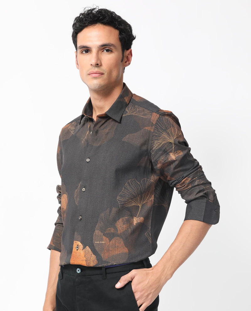 Rare Rabbit Men's Bourbon Black Viscose Fabric Full Sleeves Floral Print Shirt