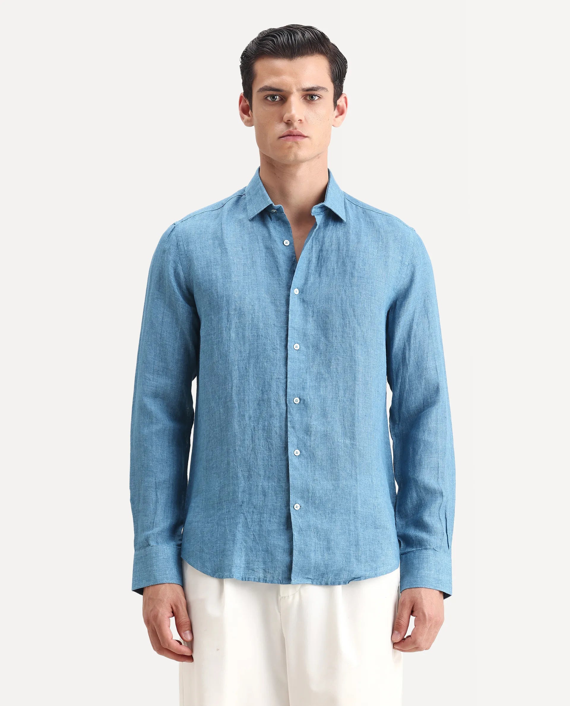 Rare Rabbit Men's Borium-2 Dusky Blue 100% Linen Plain Regular Fit Full Sleeve Collared Shirt