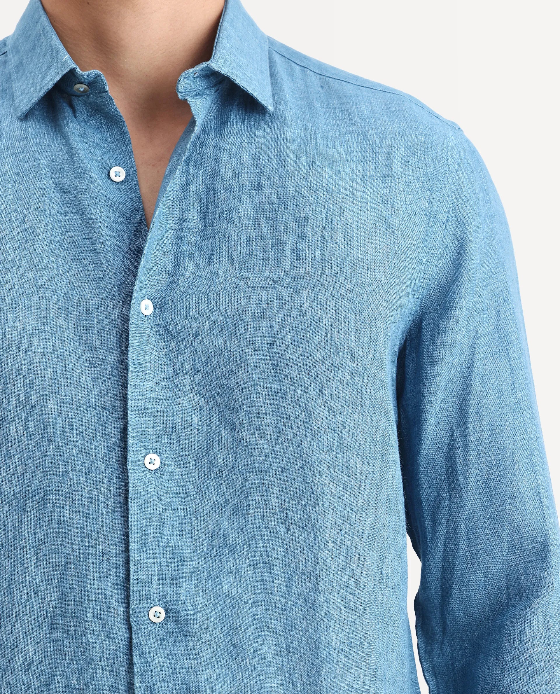 Rare Rabbit Men's Borium-2 Dusky Blue 100% Linen Plain Regular Fit Full Sleeve Collared Shirt