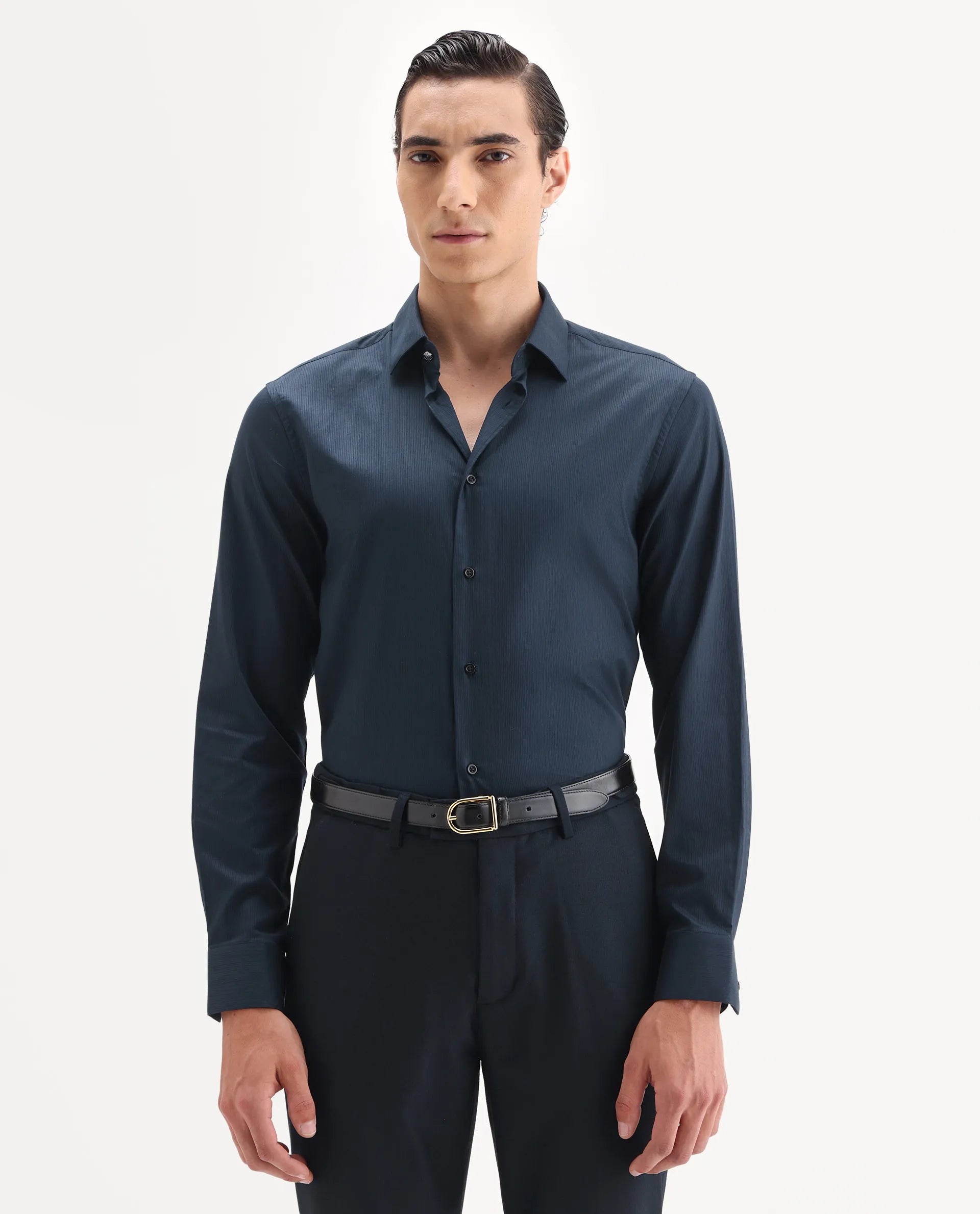 Rare Rabbit Men's Borium-25 Navy 100% Linen Fabric Spread Collar Regular Fit Plain Shirt