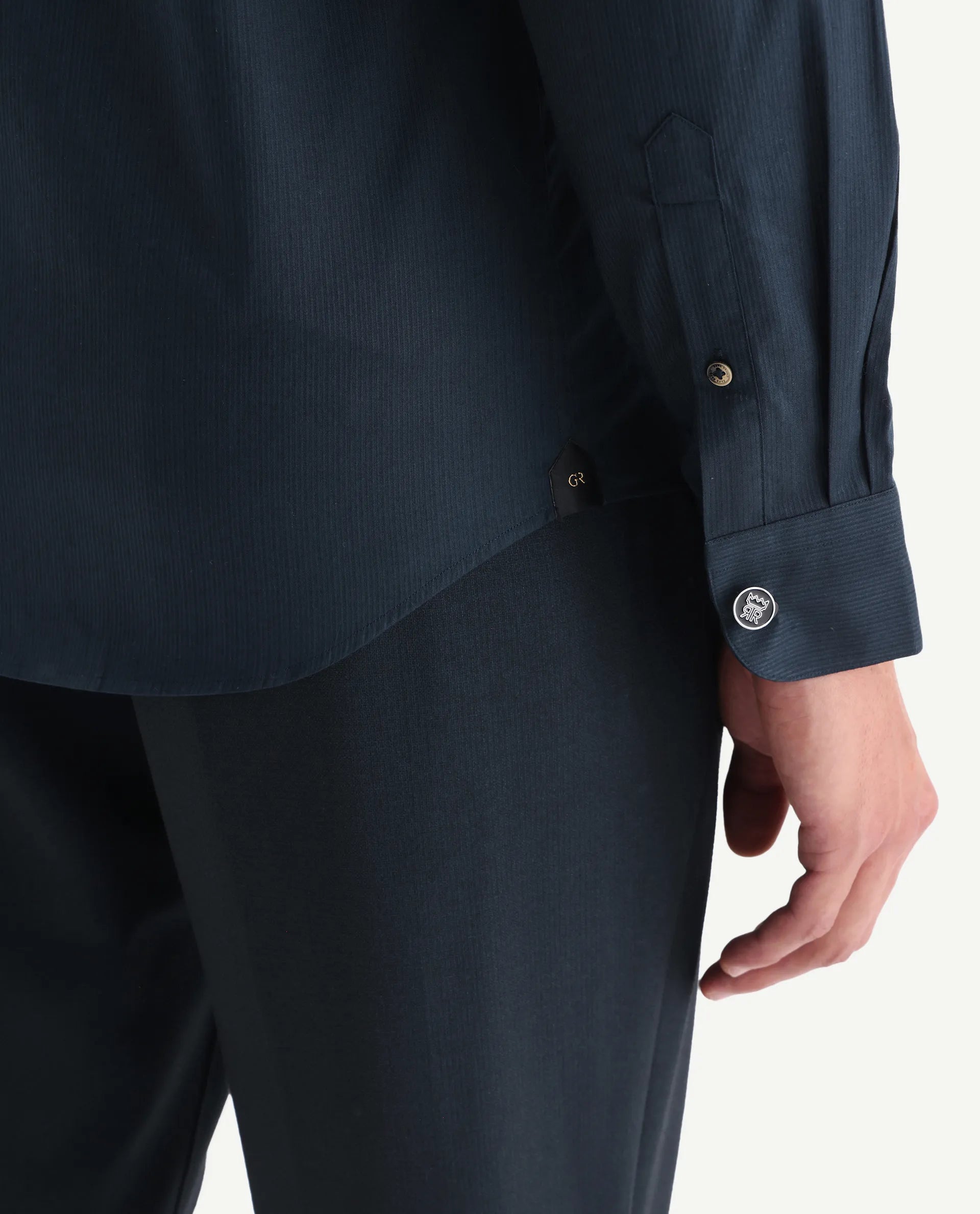 Rare Rabbit Men's Bovec-25 Navy Cotton Fabric Spread Collar Regular Fit Striped Shirt