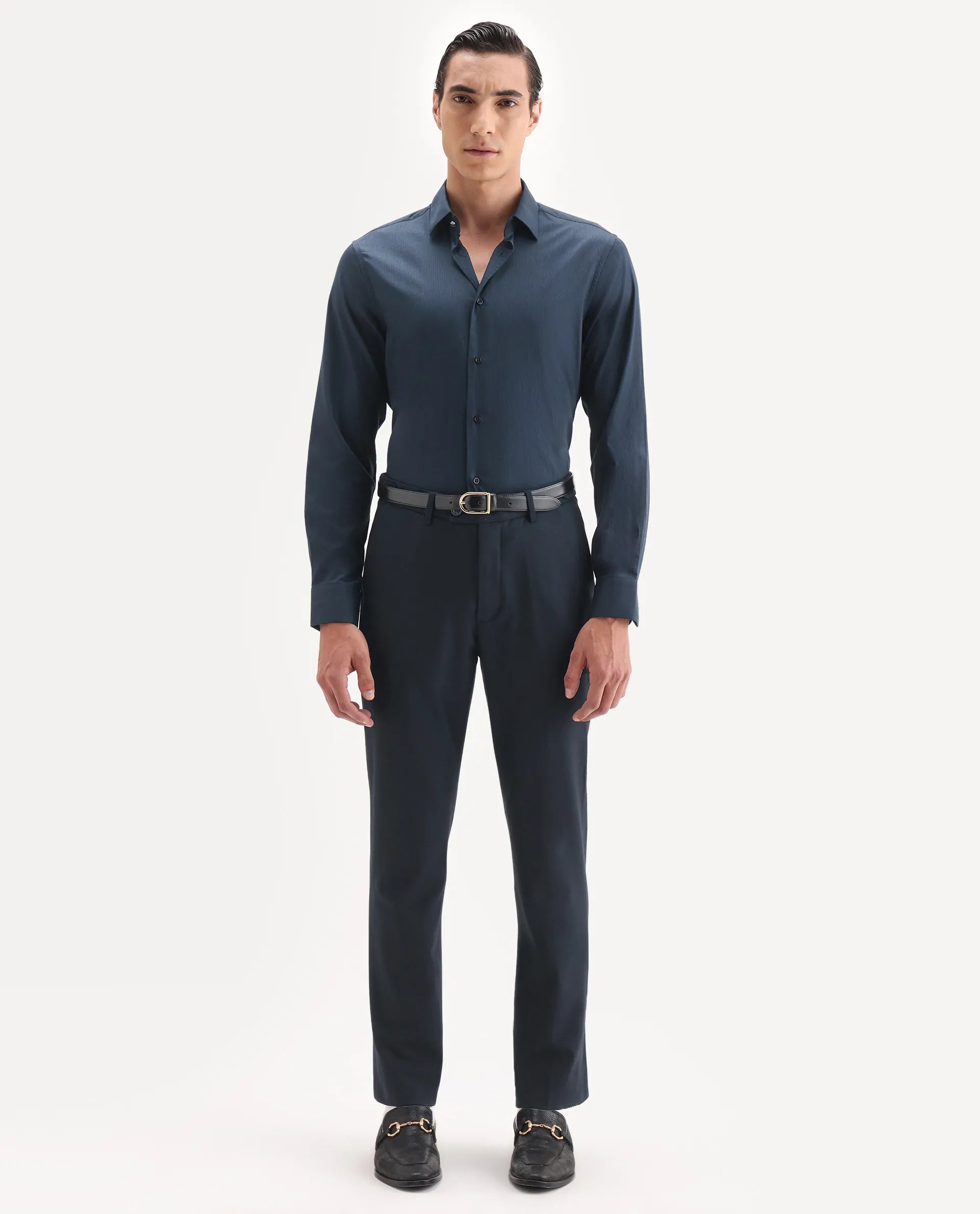 Rare Rabbit Men's Bovec-25 Navy Cotton Fabric Spread Collar Regular Fit Striped Shirt