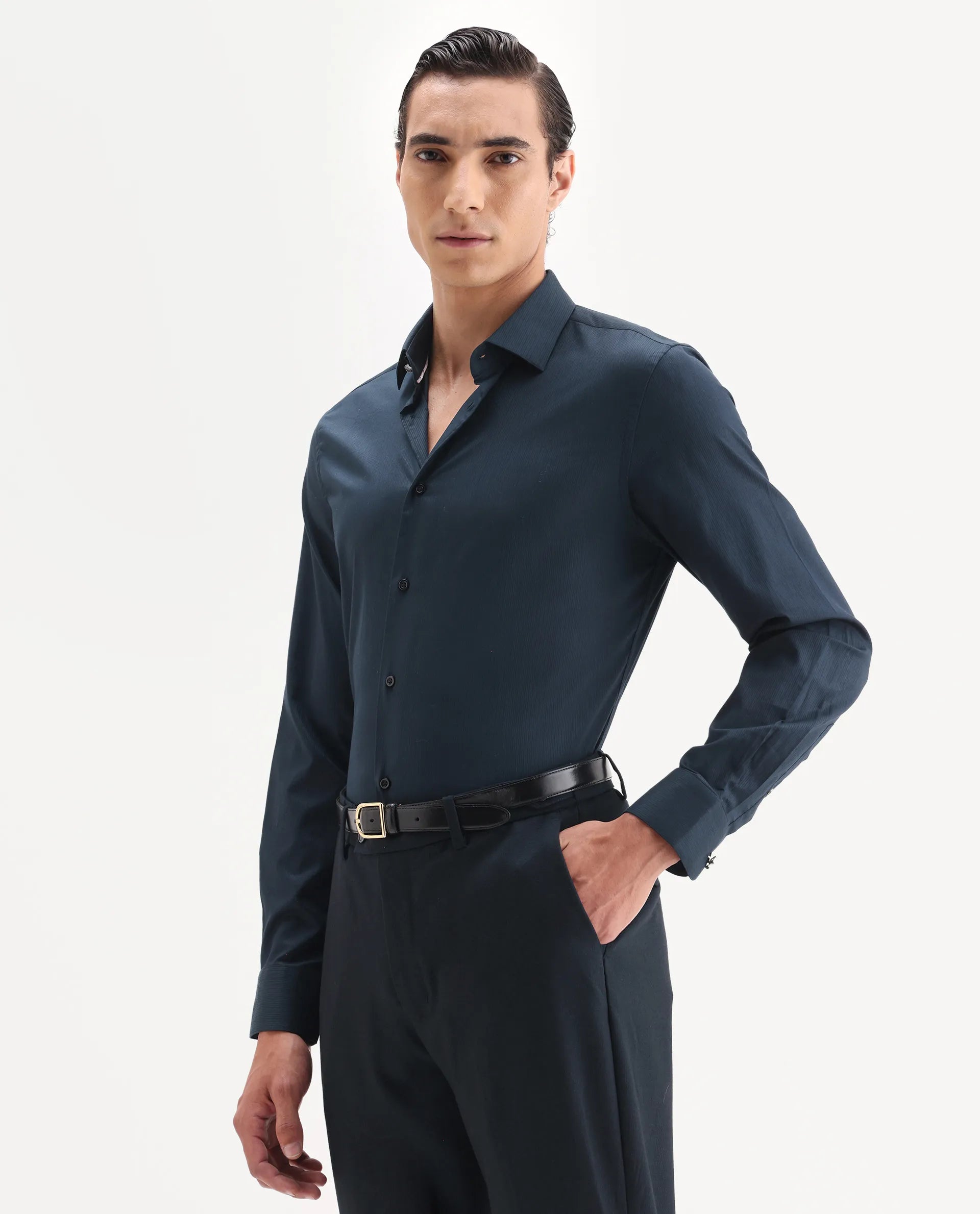 Rare Rabbit Men's Bovec-25 Navy Cotton Fabric Spread Collar Regular Fit Striped Shirt