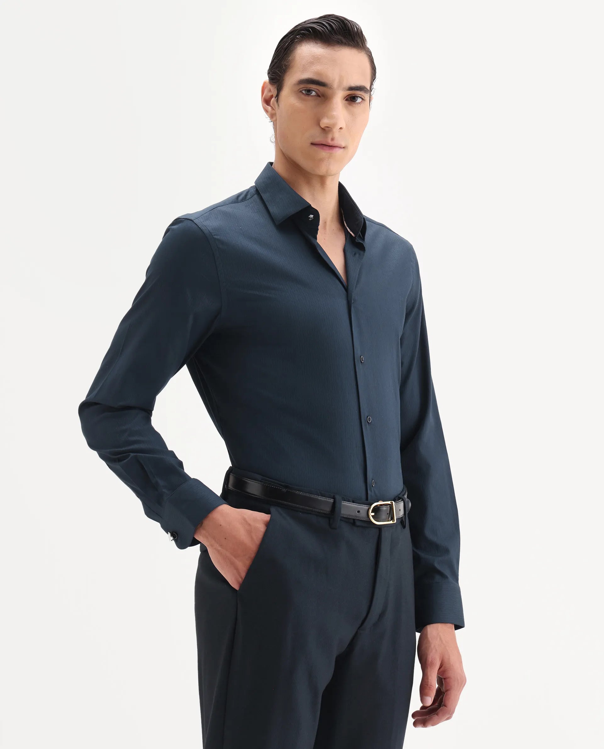 Rare Rabbit Men's Bovec-25 Navy Cotton Fabric Spread Collar Regular Fit Striped Shirt