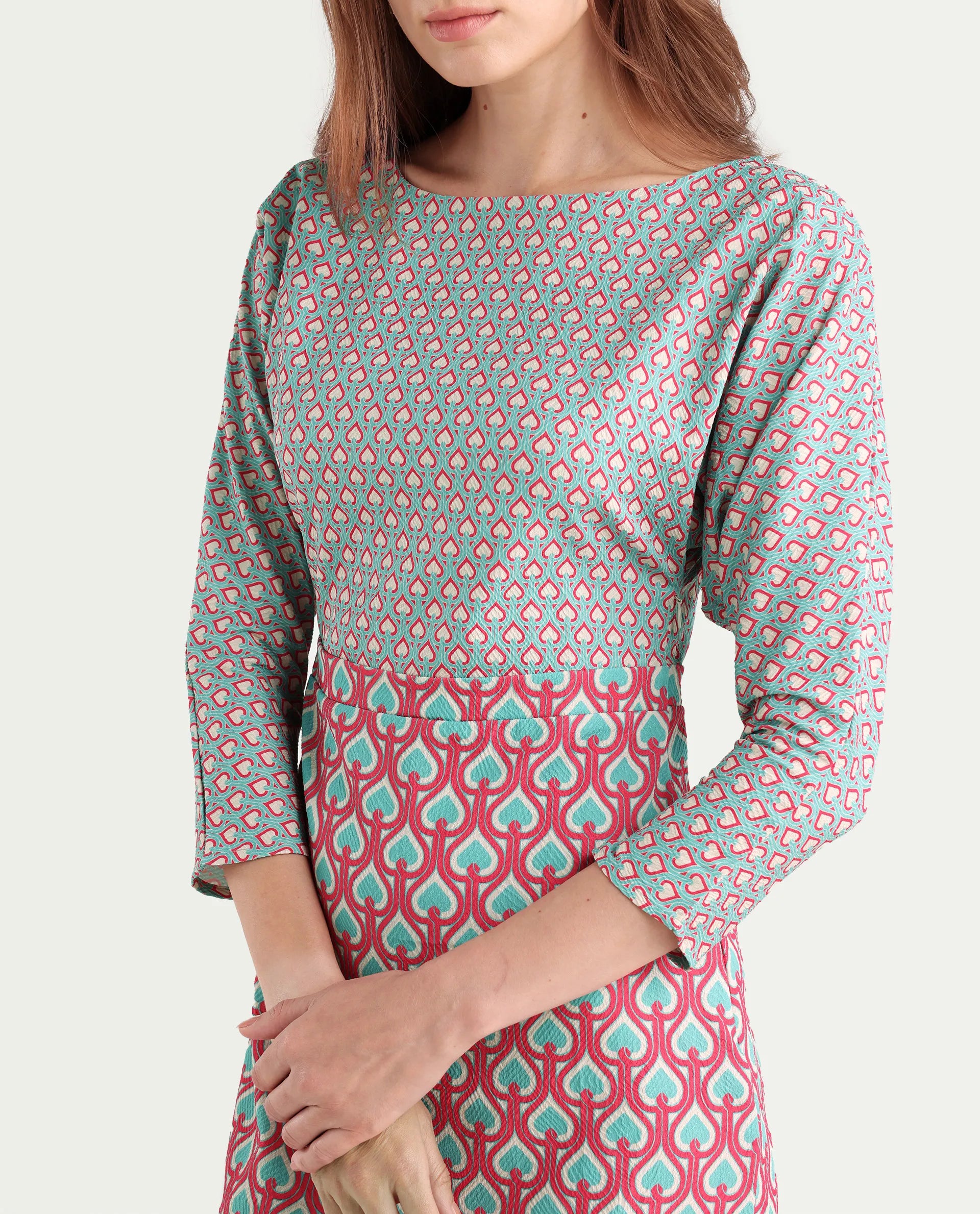 Rareism Women's Bovyan Multi Cotton Boat Neck Geometric Print Midi Straight Fit Dress