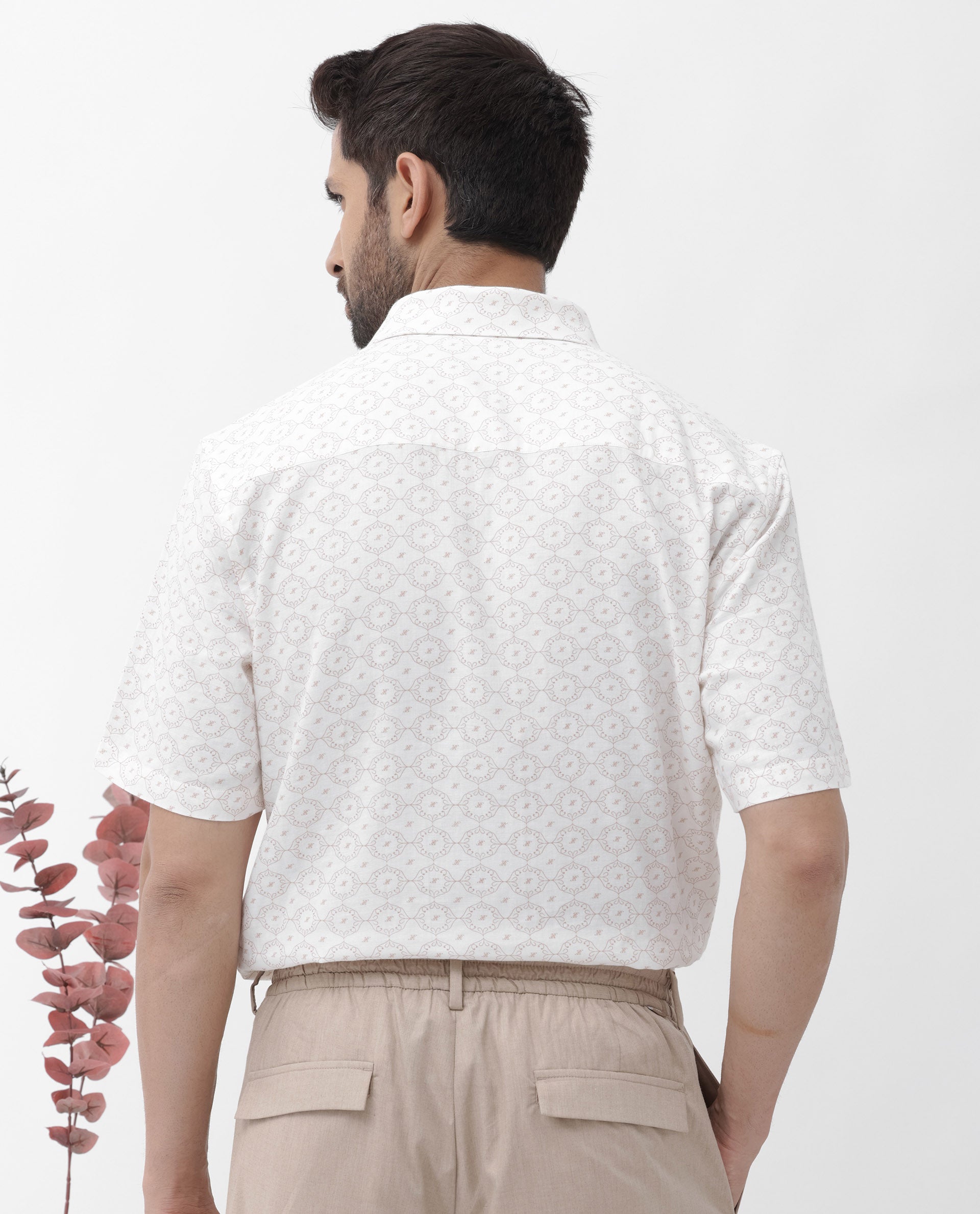 Rare Rabbit Mens Boward Off White Cotton Fabric Short Sleeve Boxy Fit Monogram Print Shirt