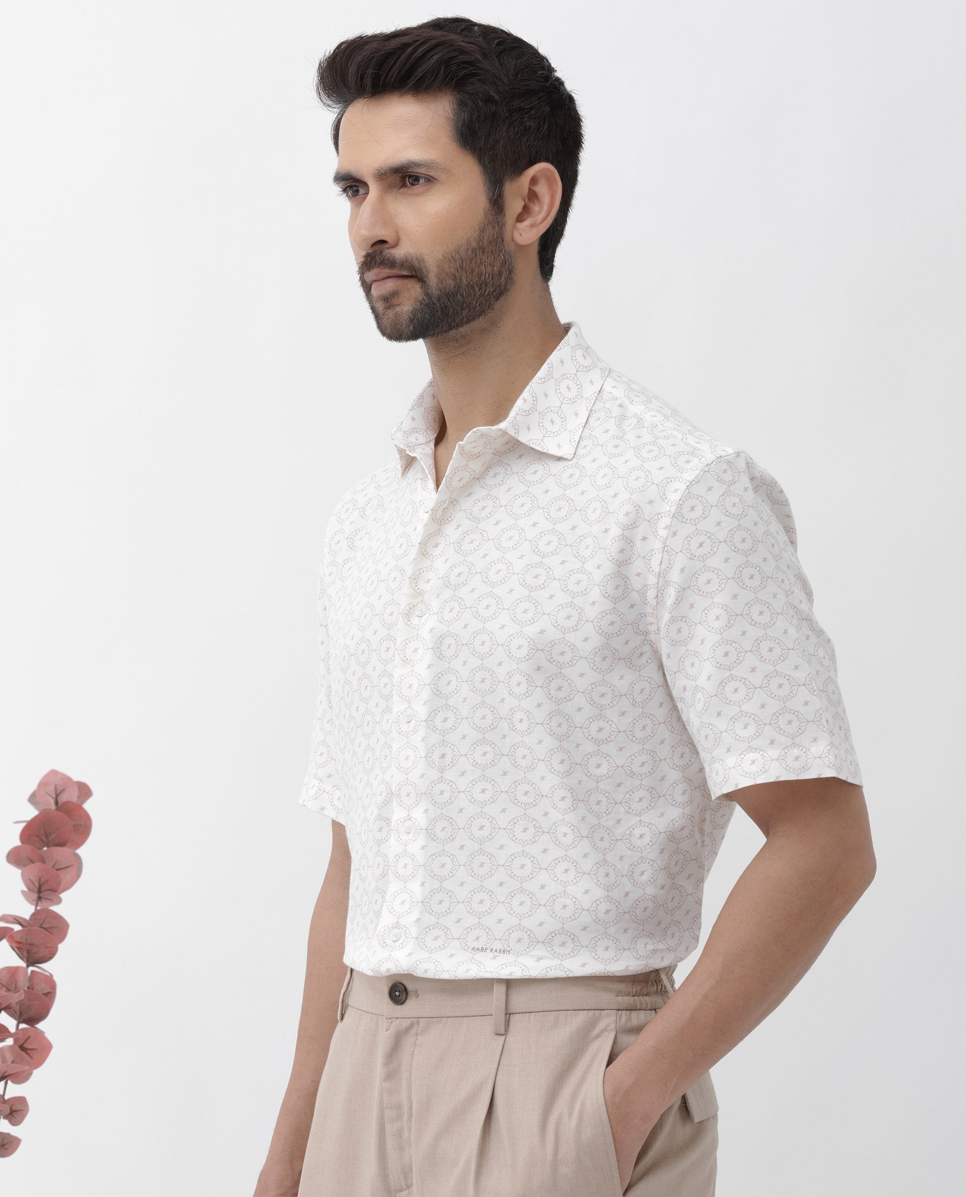 Rare Rabbit Mens Boward Off White Cotton Fabric Short Sleeve Boxy Fit Monogram Print Shirt