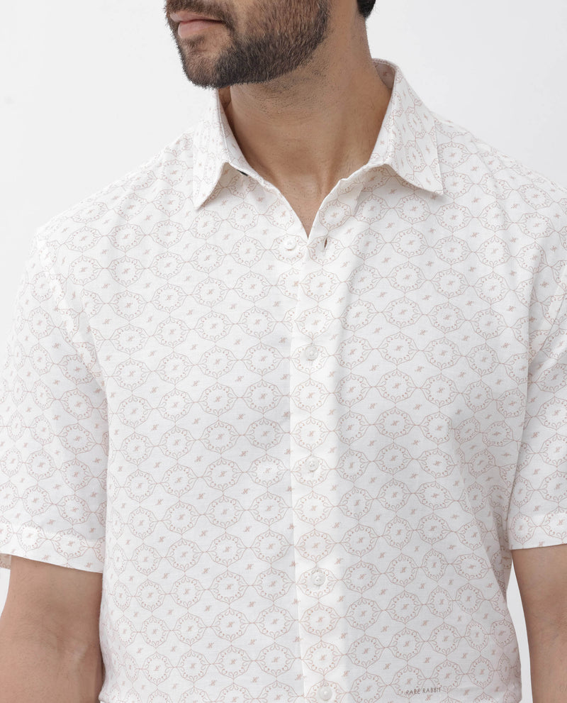 Rare Rabbit Mens Boward Off White Cotton Fabric Short Sleeve Boxy Fit Geometric Print Shirt