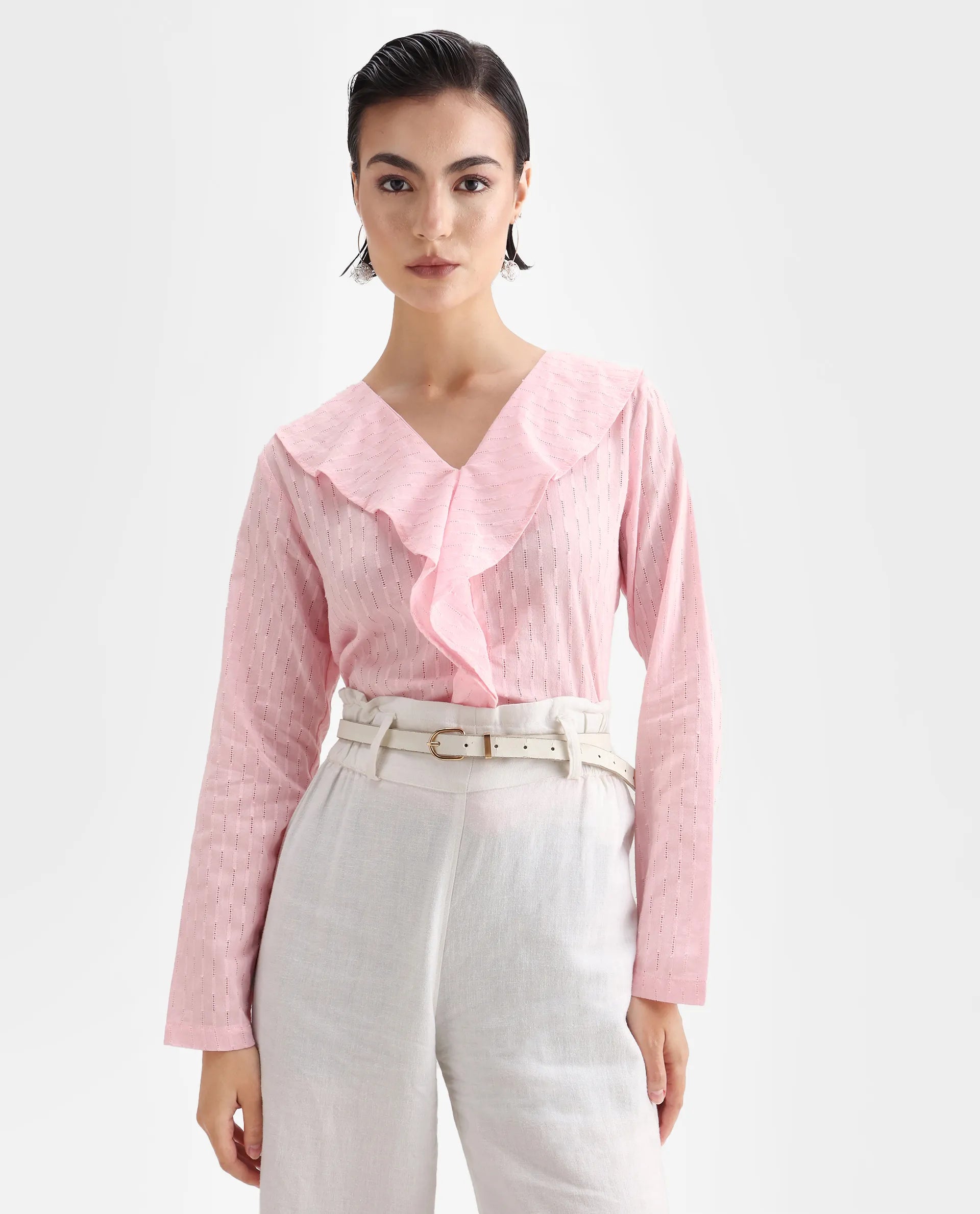 Rareism Women's Bowez Pink Cotton V-Neck Plain Regular Fit Top