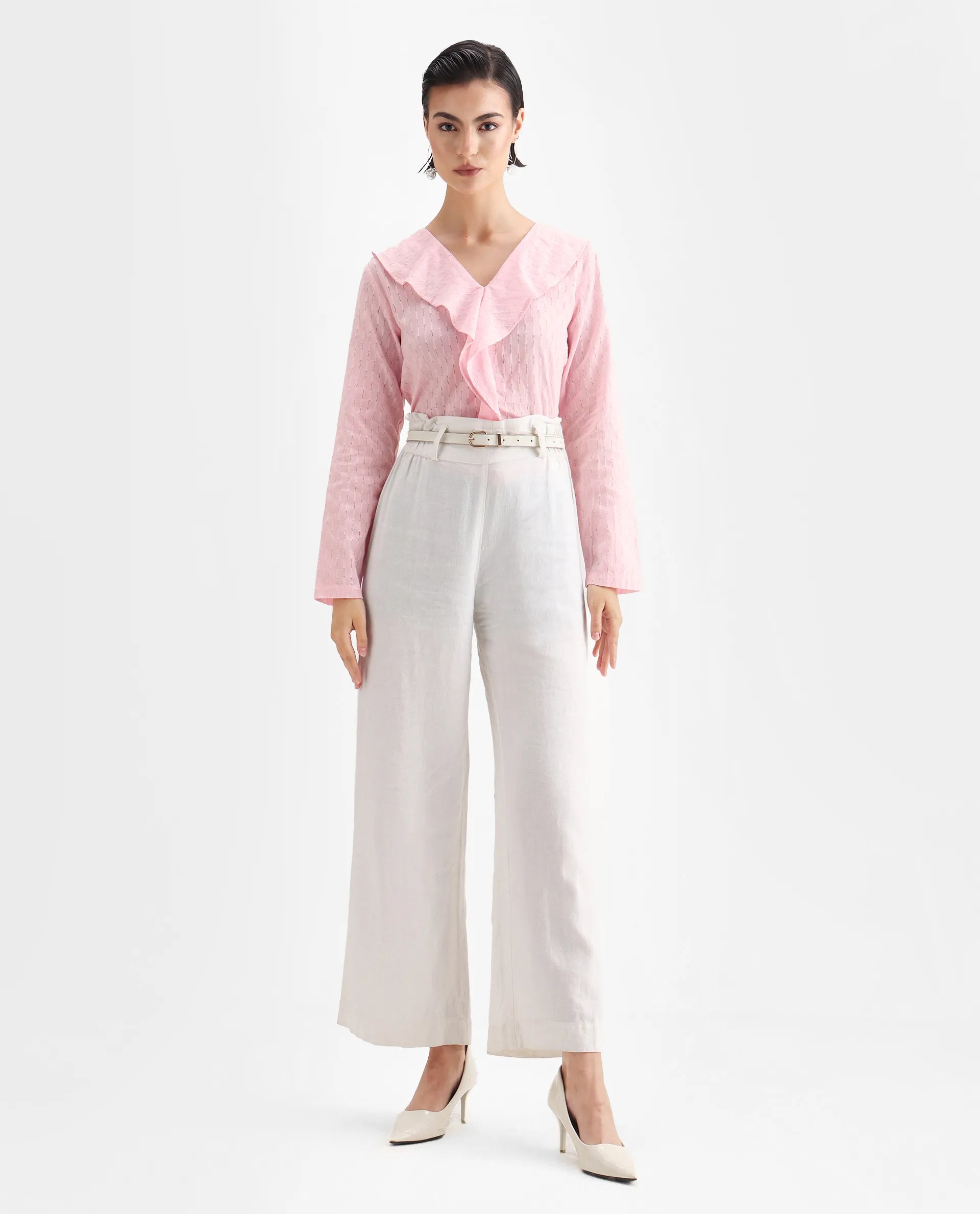 Rareism Women's Bowez Pink Cotton V-Neck Plain Regular Fit Top