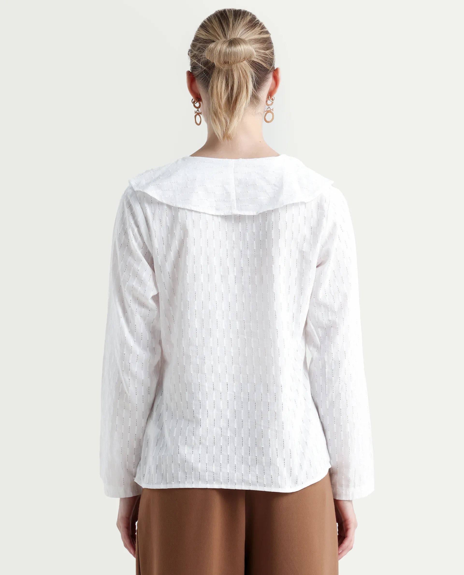 Rareism Women's Bowez White Cotton Ruffled Neck Plain Regular Fit Top