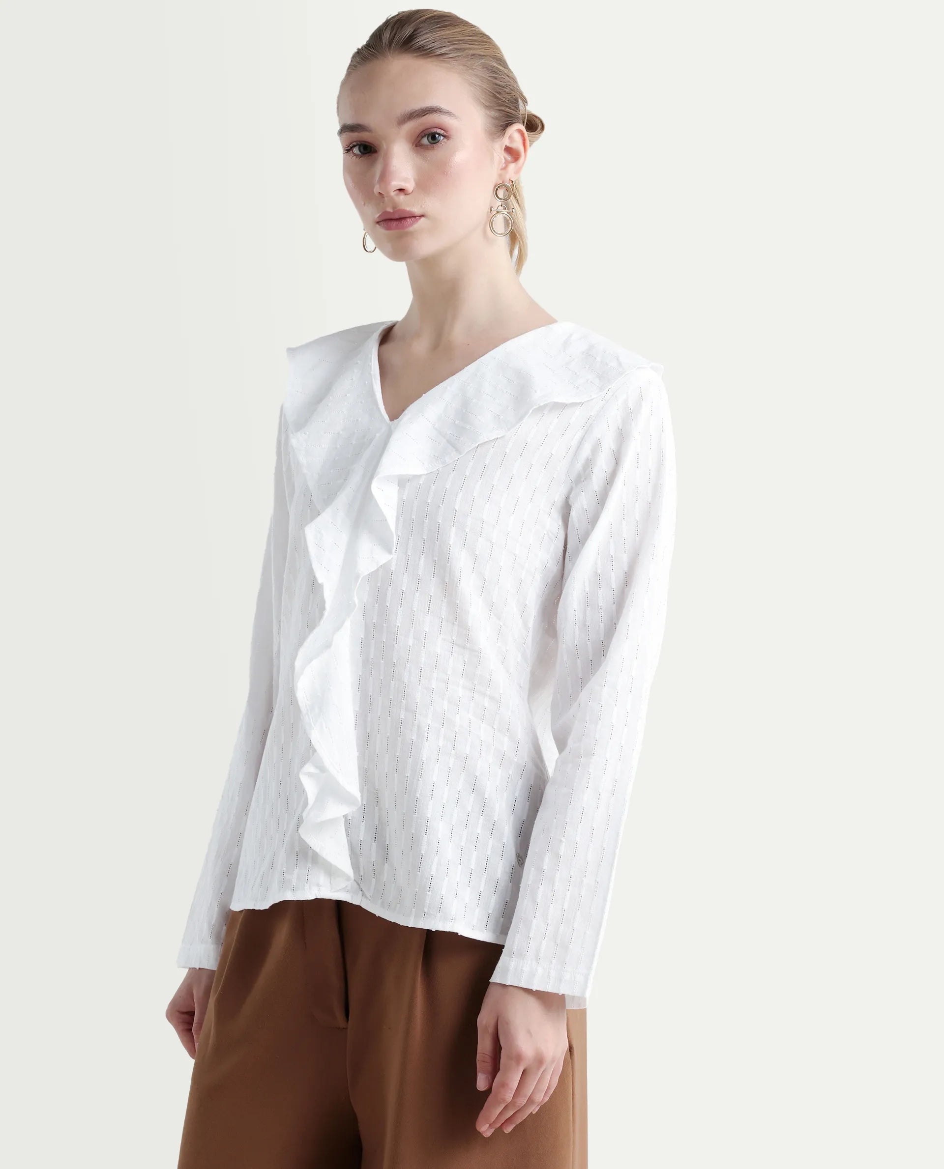Rareism Women's Bowez White Cotton Ruffled Neck Plain Regular Fit Top